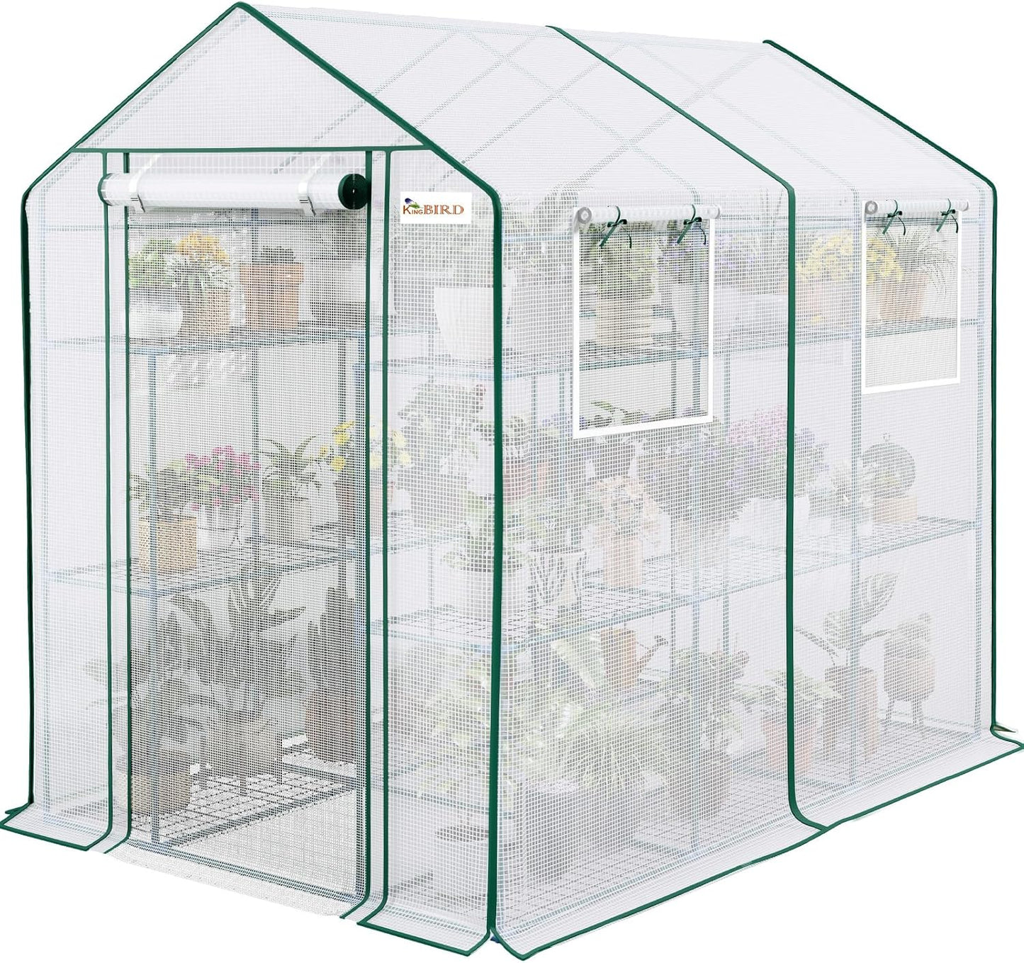 KING BIRD Premium Greenhouse for Outdoors, 84 x 56 x 77 Upgraded PE Cover & Steel Frame Walk in Hot House, w/ Zippered Screen Windows Mesh Door, 3 Tiers 20 Shelves for Outside Garden, White