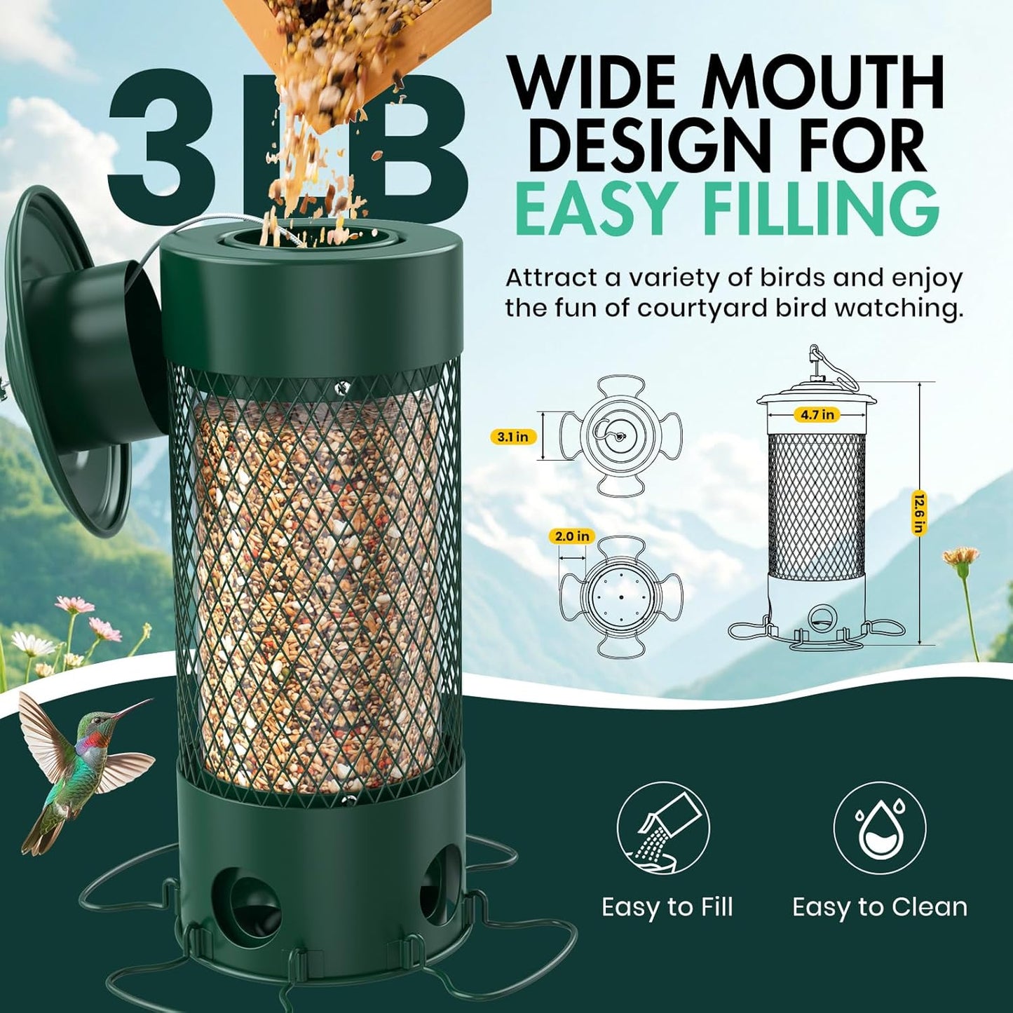 Metal Squirrel Proof Bird Feeders for Outdoors Hanging,Weight-Activated Large Capacity Feeder for Wild Finch, Cardinal,Blue Jay, Chickadee, Weatherproof and Durable 4 Perches,Green