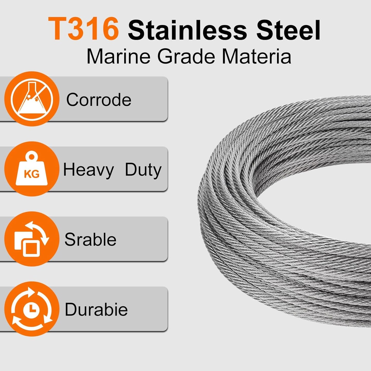 1/8" Wire Cable, 200ft Wire Rope Metal Cable with Loop Sleeve, Steel Thimble Cutter, 7x7 Marine Stainless Steel Strand Core Perfect for Deck Railing System, Outdoor Hanging kit, Garden Fence