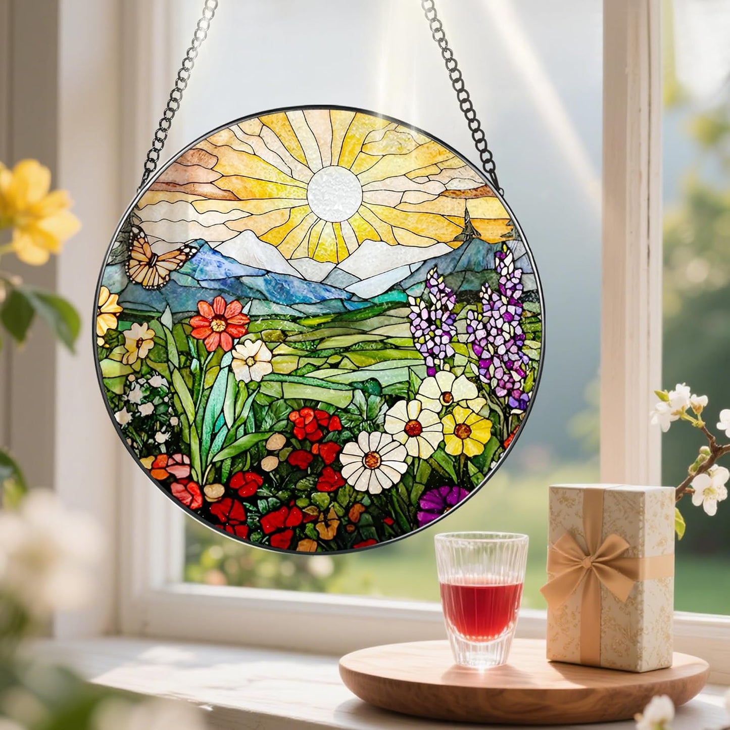 8 Inch Mountain Wildflowers Stained Glass Suncatcher, Suncatchers for Windows Hanging, Window Decor, Grandma Mom Gift for Her, Mother's Day Christmas Birthday