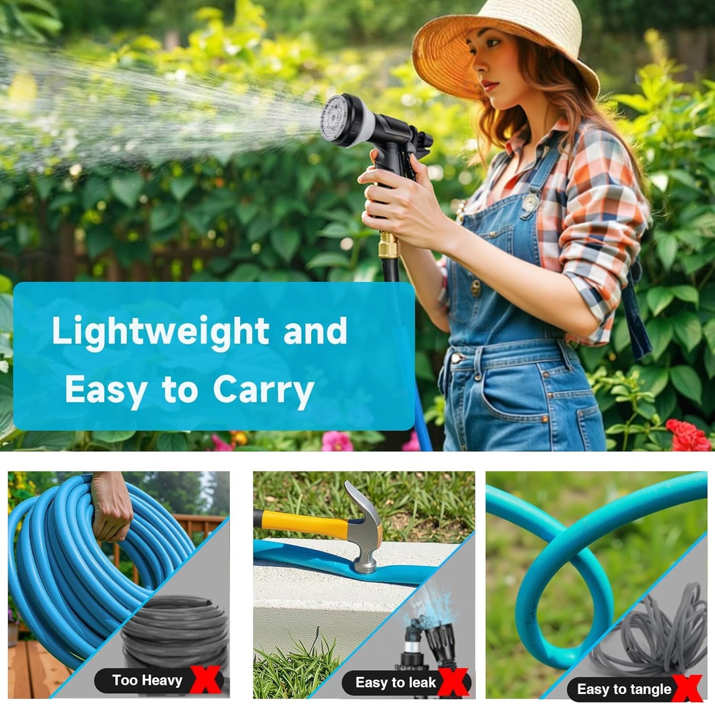 Garden Hose 50 ft, Heavy Duty Water Hose 5/8" x 50ft, New Patented Kink Free Water Hose Kink Resistance, Heavy Duty,Flexible and Lightweight, Leak Free, Burst 600 PSI, Drinking Water Safe