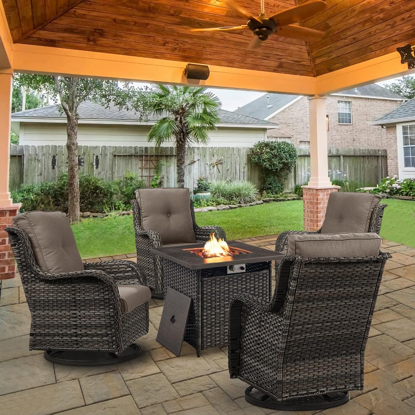 5 Pieces Patio Wicker Furniture Set - 4 Outdoor Swivel Rocker Glider Chairs with 50000BTU Propane Fire Pit Table, Patio Conversation Set Blue Cushion Perfect for Casual Gathering