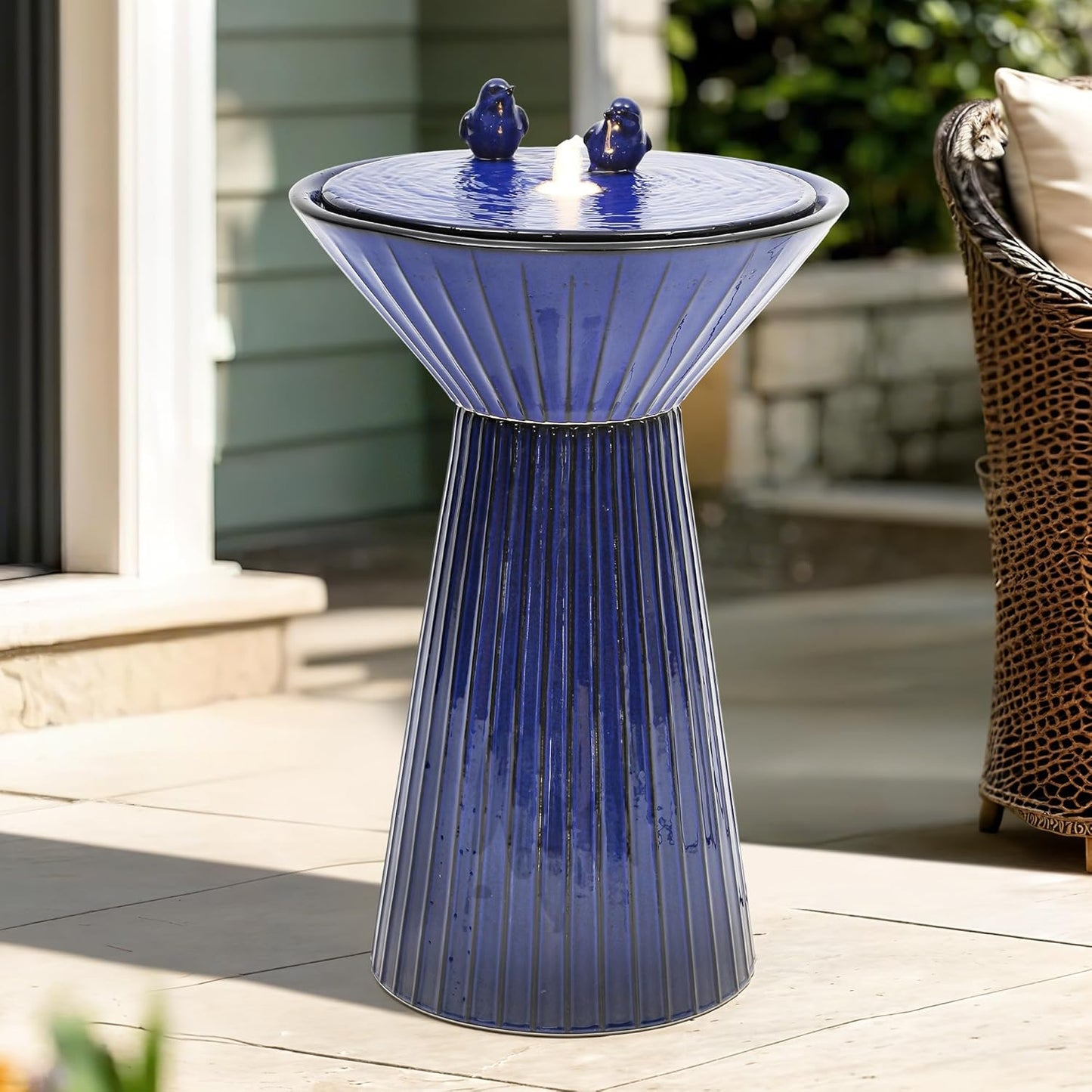 Autodaya 28" H Ceramic Birdbath Outdoor Fountain with LED Lights, Bird Accents & Fluted Texture, Bubbling Water Feature for Garden, Patio, Yard or Porch – Creates a Tranquil Oasis for Relaxation.