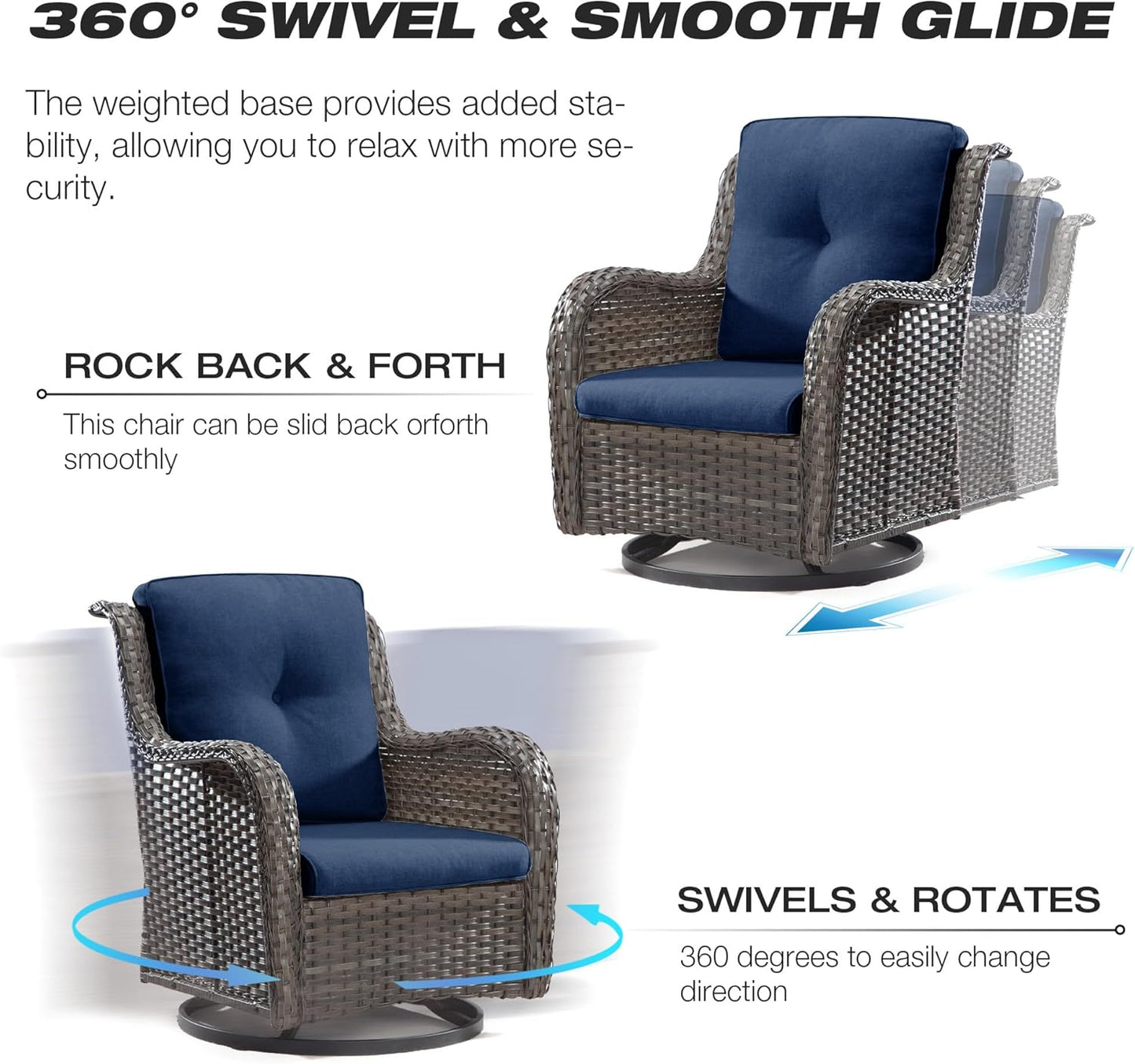 Joyside Outdoor Swivel Rocker Patio Chairs Set of 2 and Matching Side Table - 3 Piece Wicker Patio Bistro Set with Premium & Soft Fabric Cushions(Mixed Grey/Blue)