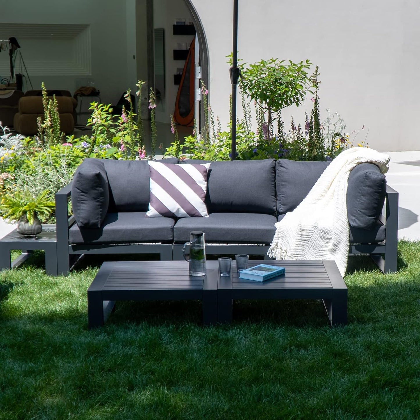Modern 3 Seater Sofa Outdoor Sectional Sofa Set Patio Conversation Sofa Sets for Garden Backyard, Dark Grey Cushions