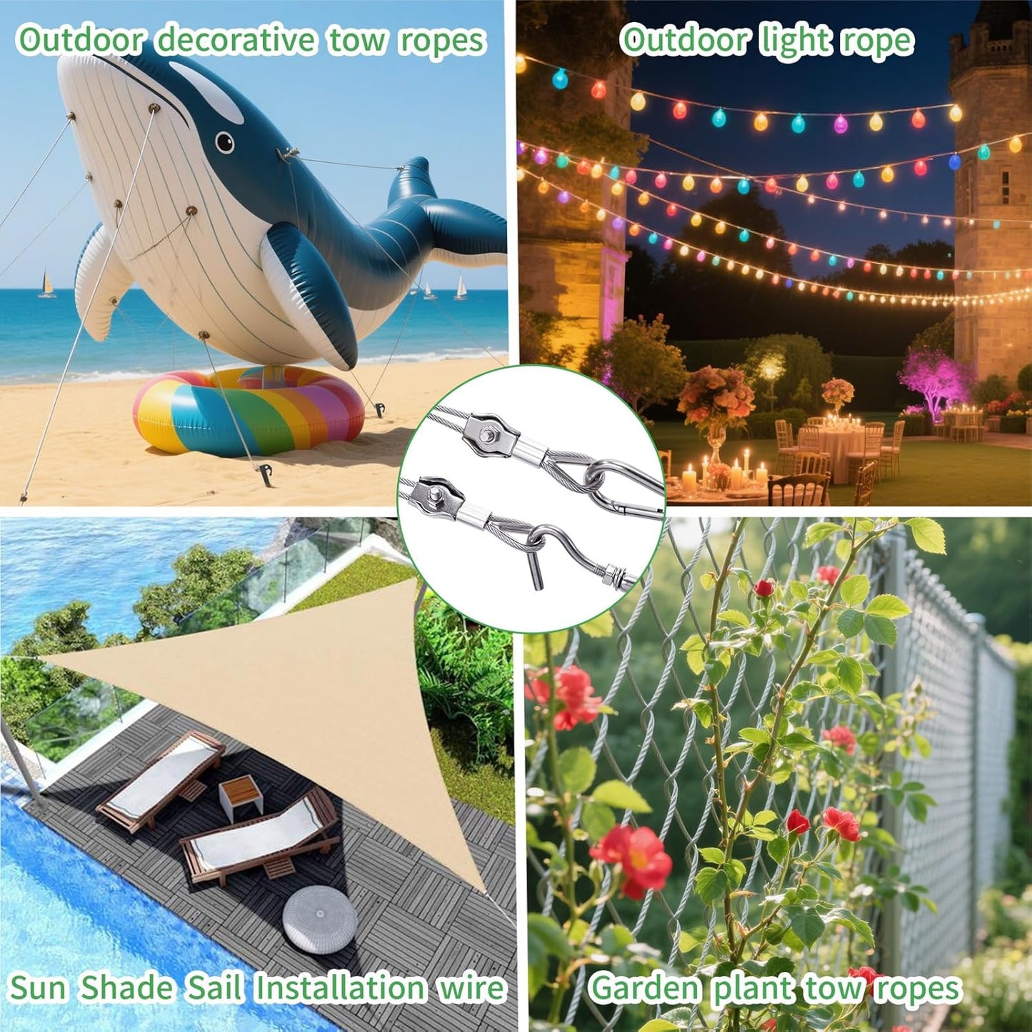 1/8" Wire Cable Rope Kit ，Vinyl Coated 304 Stainless Steel Wire – 200FT 7x7 Strand Cable with Turnbuckles，Shade Sail & Hanging Lights Hardware Kit for Outdoor, Garden,Patio, Crafts,