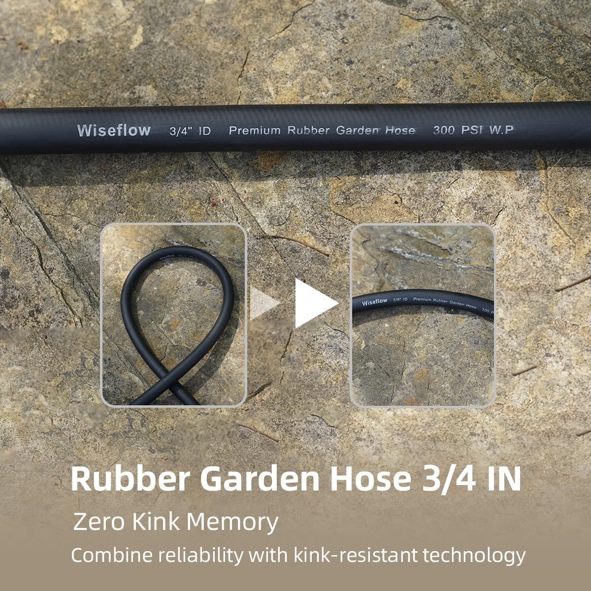 WiseFlow Garden Hose 25FT x 3/4", Heavy Duty Rubber Hose, 1000PSI Burst, 300PSI Working, Water Hose with Five Layered Braiding, Male Female Fittings (Black)