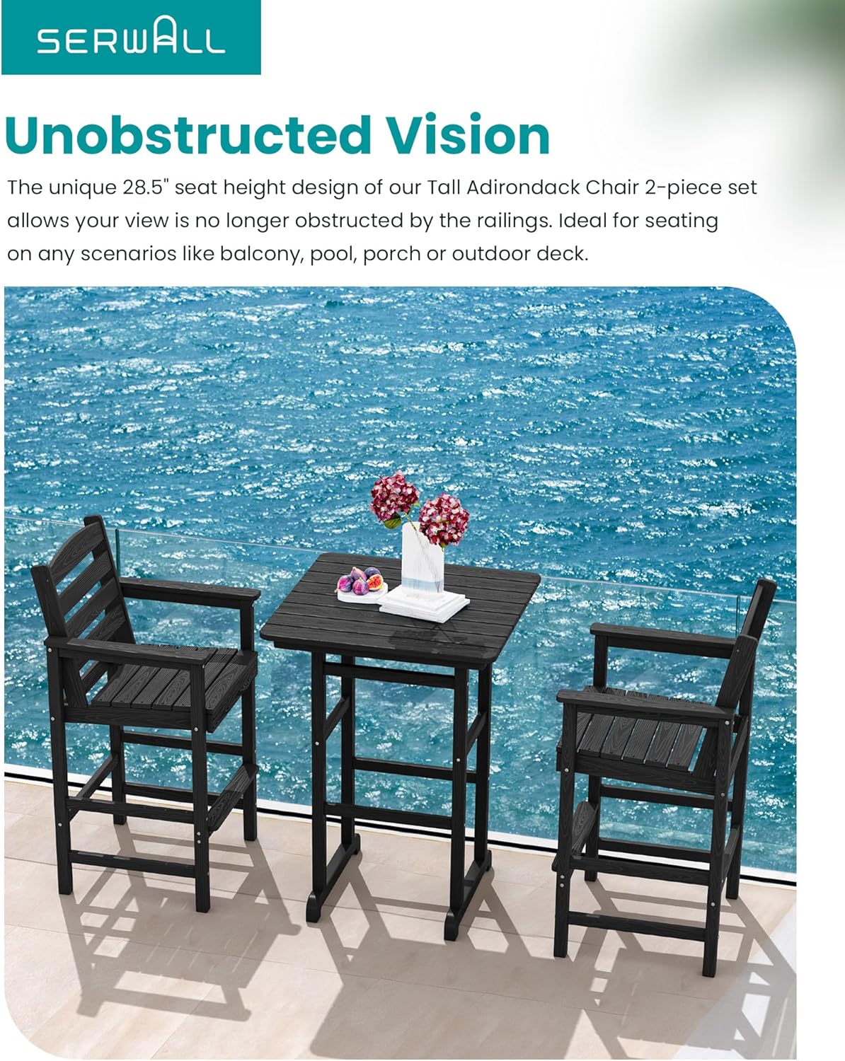 SERWALL Tall Adirondack Chairs Set of 2, Oversize Balcony Adirondack Chairs Set, Outdoor Bar Height Barstools Widened Chair Set for Bistro, Poolside, Garden, Black