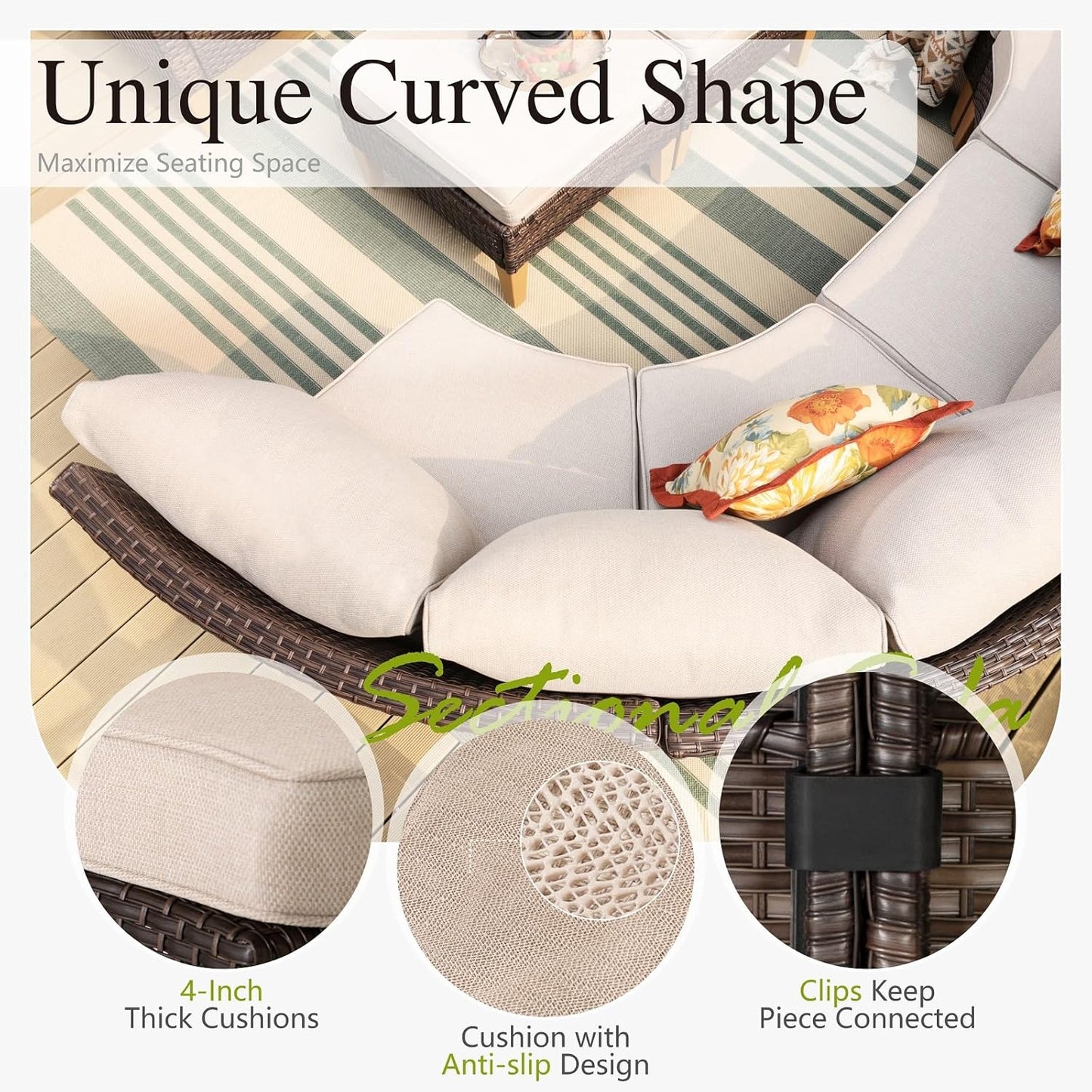 Sophia & William Half-Moon Outdoor Patio Furniture Set 8 Piece Large & High Back Wicker Rattan Patio Sectional Furniture Sofa Set Fan-Shaped Conversation Set with Ottomans & 4" Thick Cushions, Beige