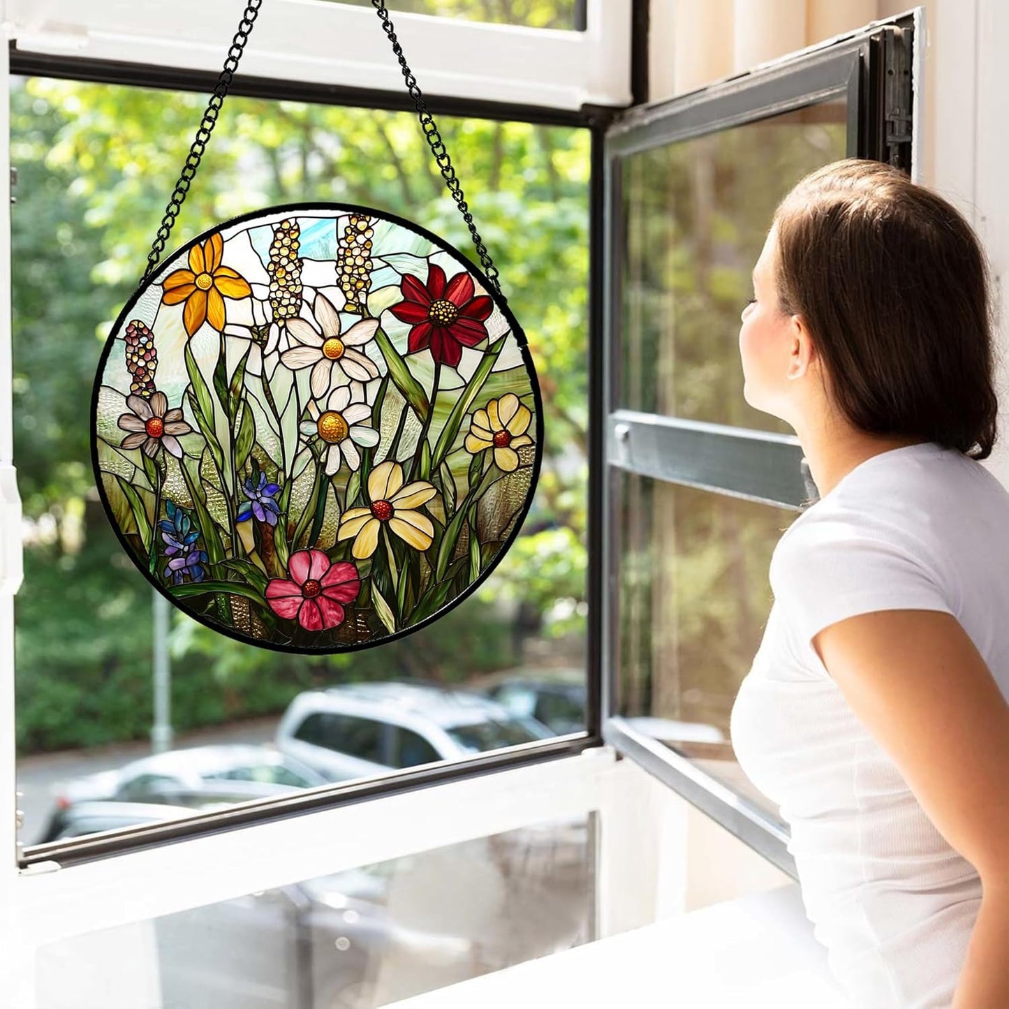 Stained Glass Window Hanging, Colorful Wildflowers Plant Scenery Suncatcher for Doors Window Home White Green Sun Catchers Decor Mother's Day Birthday Gifts for Women, Men Mom 6.3 in