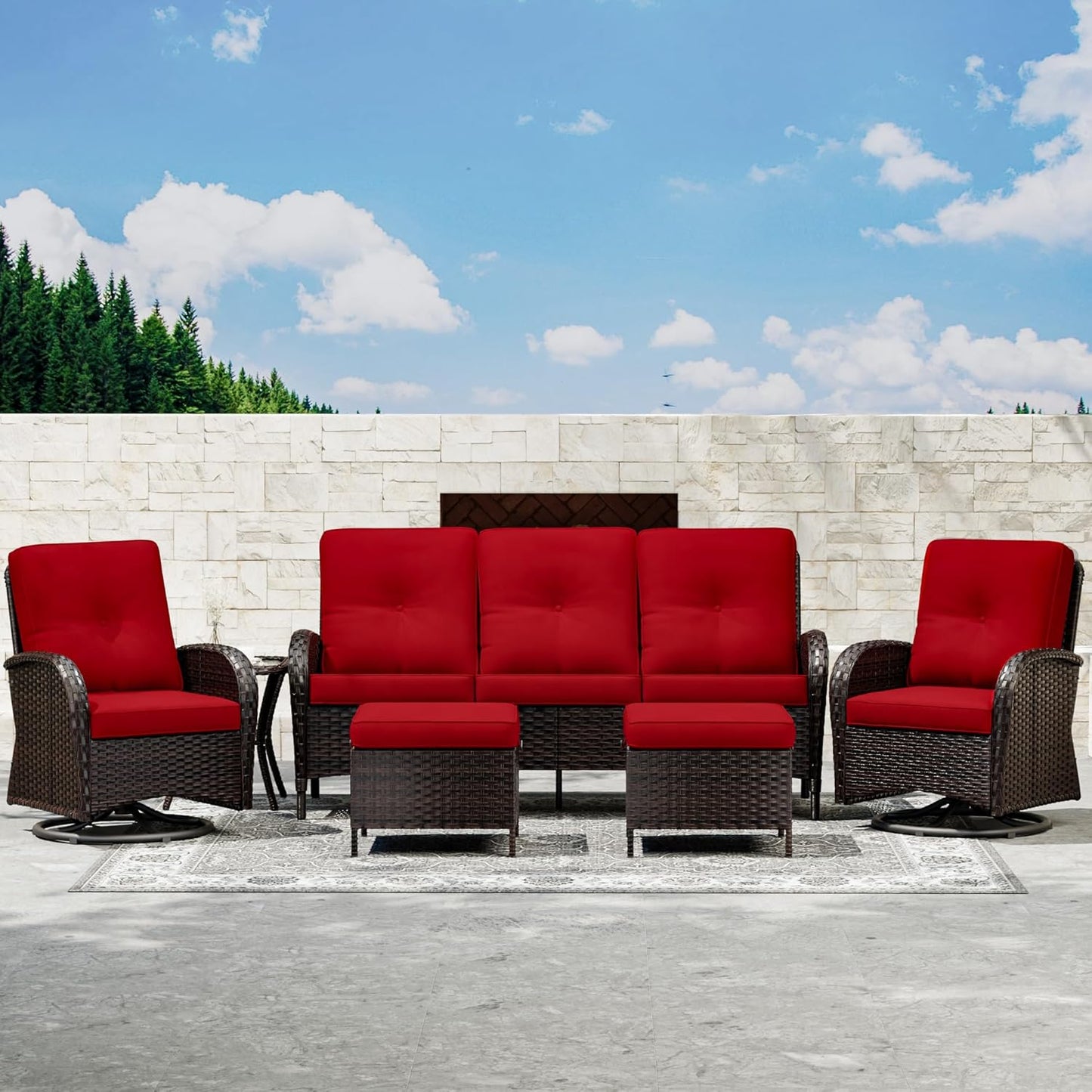 Joyside 6 Piece Patio Furniture Set, Outdoor Wicker Conversation Sets with Swivel Rocker Chairs and Sofa, Thick Cushion, Rattan Patio Sectional for Porch, Deck Use (Brown/Red, 6 PCS)