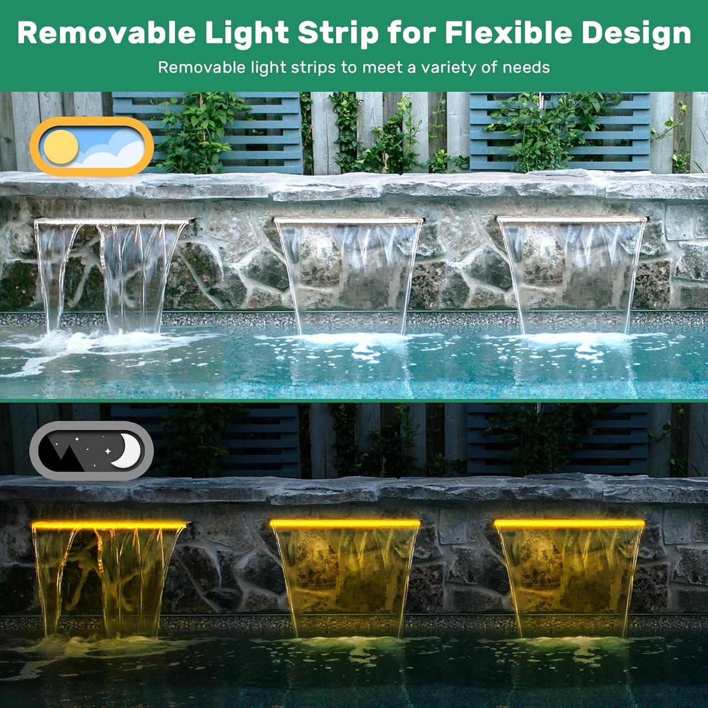 POPOSOAP 24Inch Pond Waterfall Spillway with Warm LED Light,304 Stainless Steel Waterfall Kit with 80W 1200GPH Pump & 9.8FT Corrugated Tube for Garden Decor Indoor/Outdoor Pond-P46D