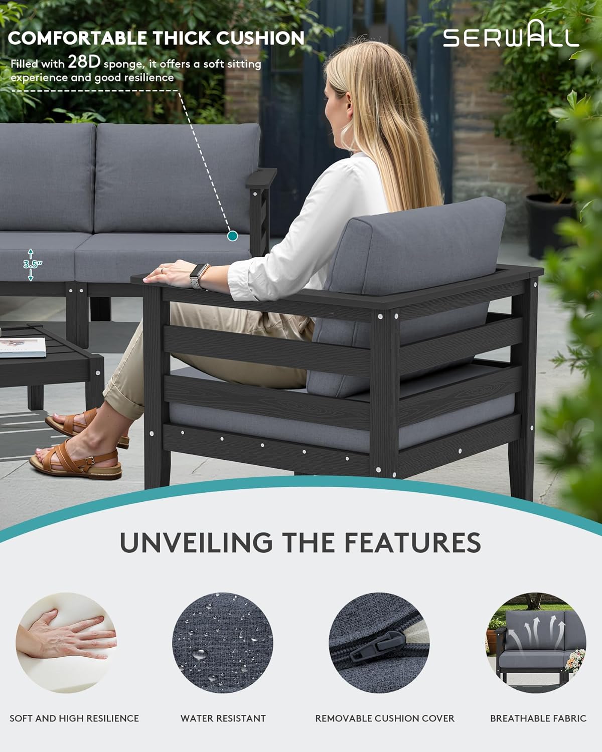 SERWALL HDPE Patio Furniture Set, 8 Pieces Composite Outdoor Furniture, All-Weather Wood-Like Outdoor Sofa Couch with Coffee Table for Deck, Lawn, Black Frame with Grey Cushion