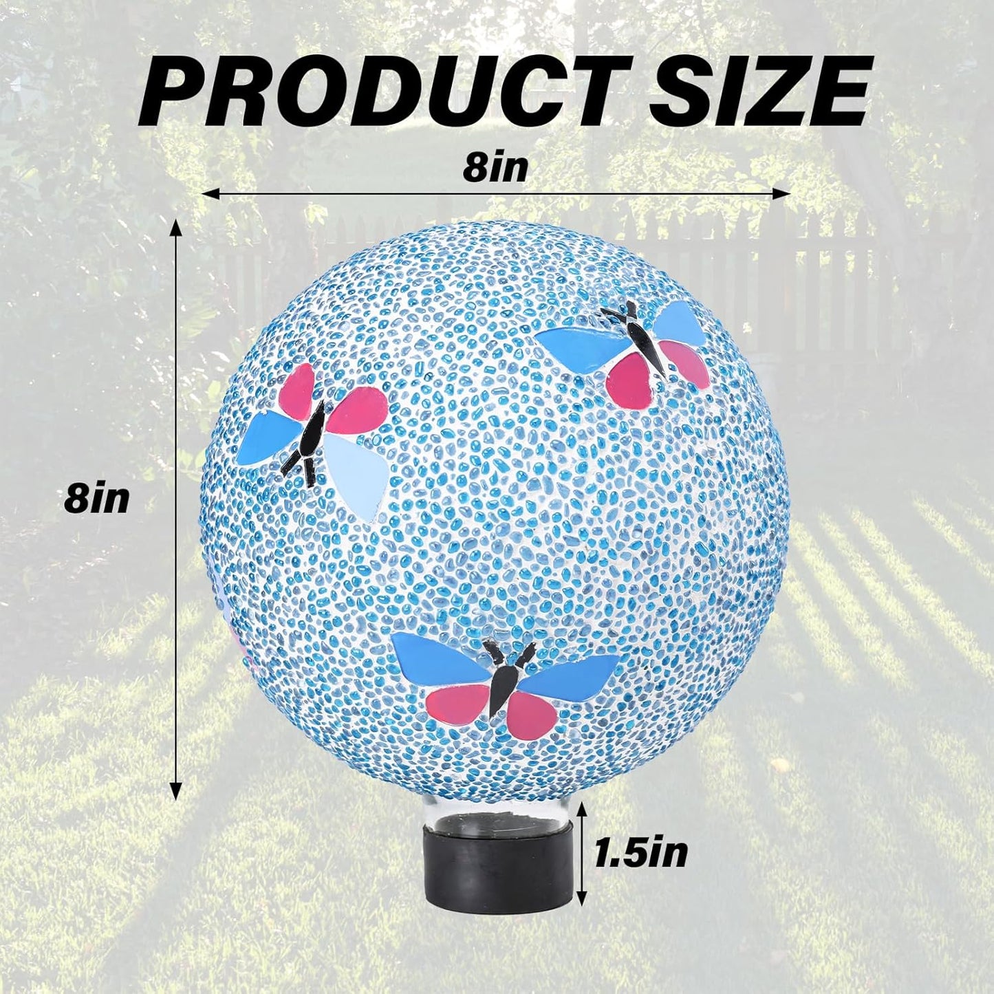 Gazing Ball 8 Inch Butterfly Glass Mosaic Garden Globe Outdoor Gazing Globe Yard Ornament for Garden Yard Home Lawn Outdoor Decoration Gift for Women (Not Solar Powered)