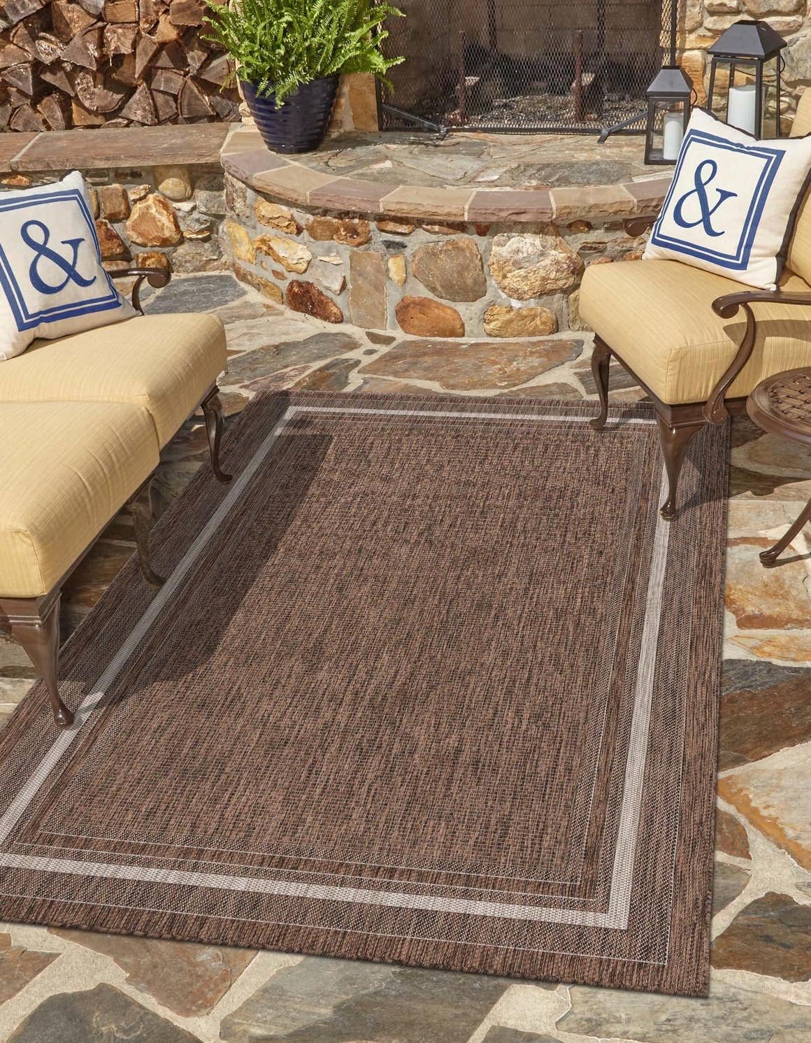 Unique Loom Outdoor Border Collection Area Rug - Soft Border (10' x 14' 1" Rectangle Brown/Ivory)
