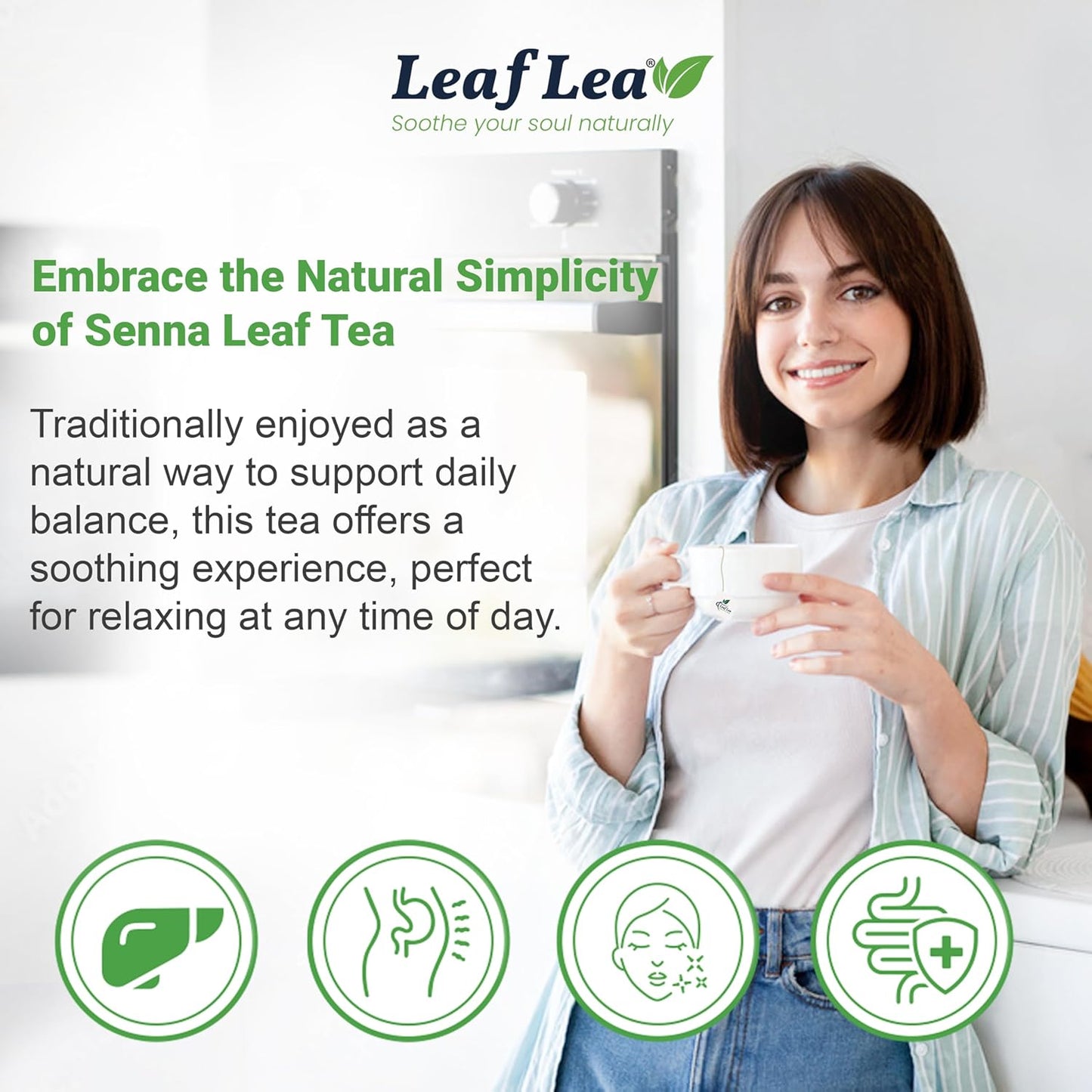 LeafLea 80 Senna Leaf Tea Bags – Natural Herbal Laxative Tea, Supports Gentle Constipation Relief & Healthy Digestion, Caffeine-Free, Sugar-Free, No Gluten, Non-GMO, Vegan, Individually Wrapped