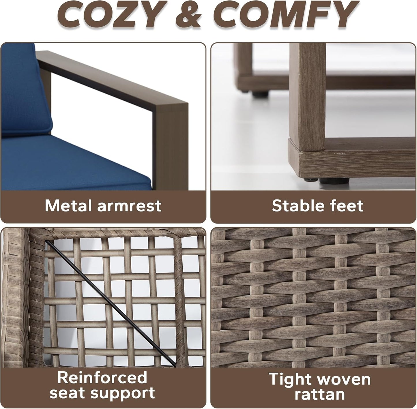 Wicker Patio 75" Sofa Set with Two Ottomans, All Weather Rattan Outdoor Conversation Furniture Set with Wood-Looking Metal Armrest for Deck Backyard Porch, Dark Blue