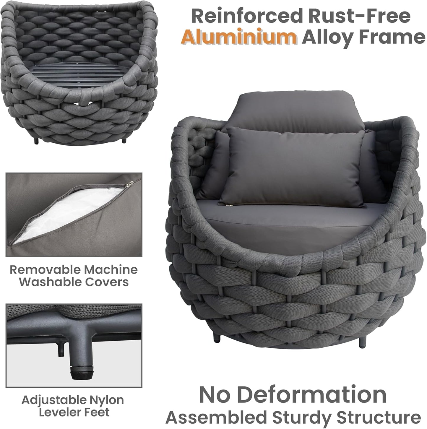 Front Porch Furniture Set 3 Piece: Aluminum Woven Rope Patio Conversation Sofa Set for 2 - Assembled Outdoor Couch Armchair Set Cushions - for 400lb Deck Balcony Pool Yard Hotel - Dark Gray