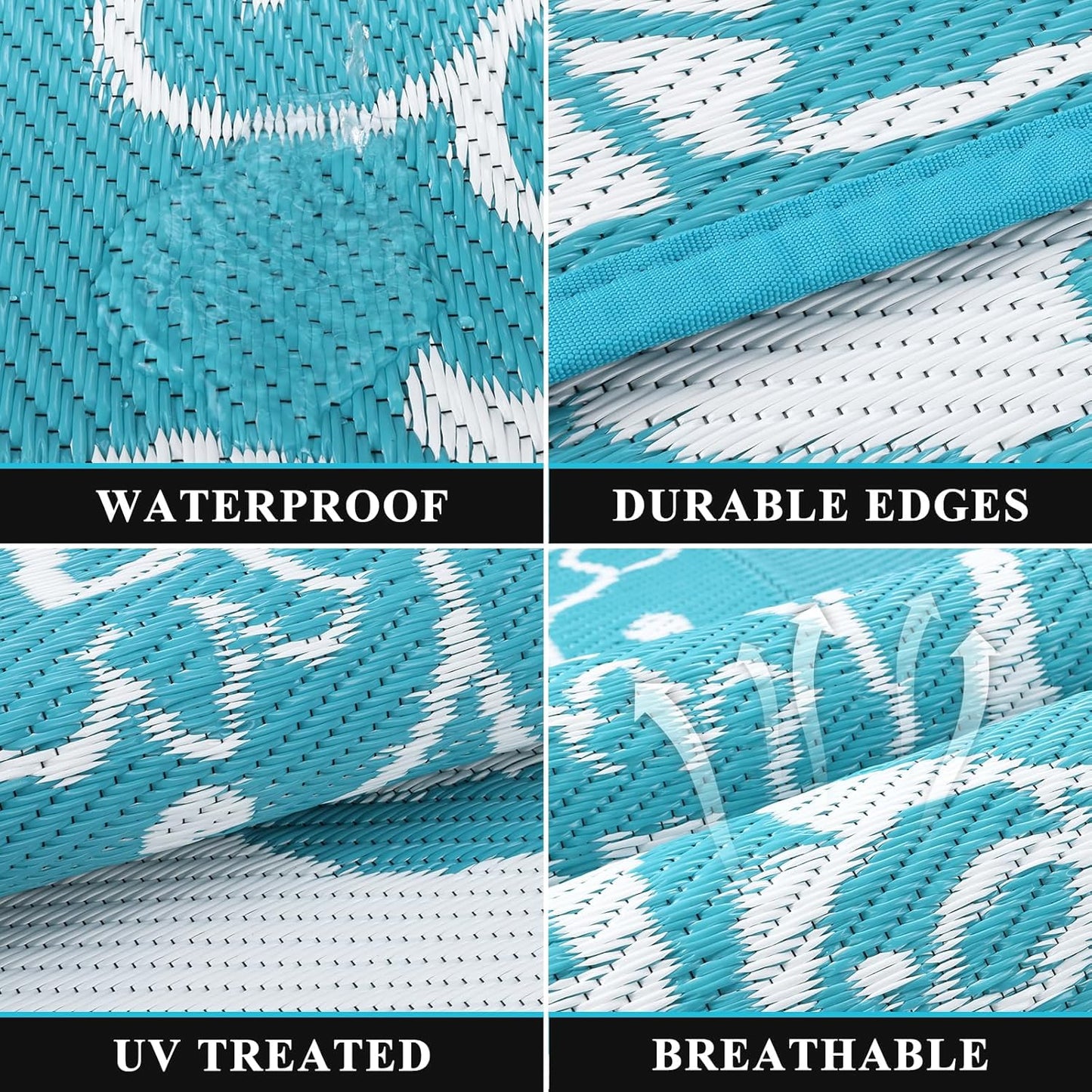Pauwer Waterproof Outdoor Rug 10x14, Reversible Plastic Straw Patio Camping Rug, Indoor Outdoor RV Mat Carpet for Deck, Camper, Porch, Balcony, Backyard, Picnic, Boho Teal