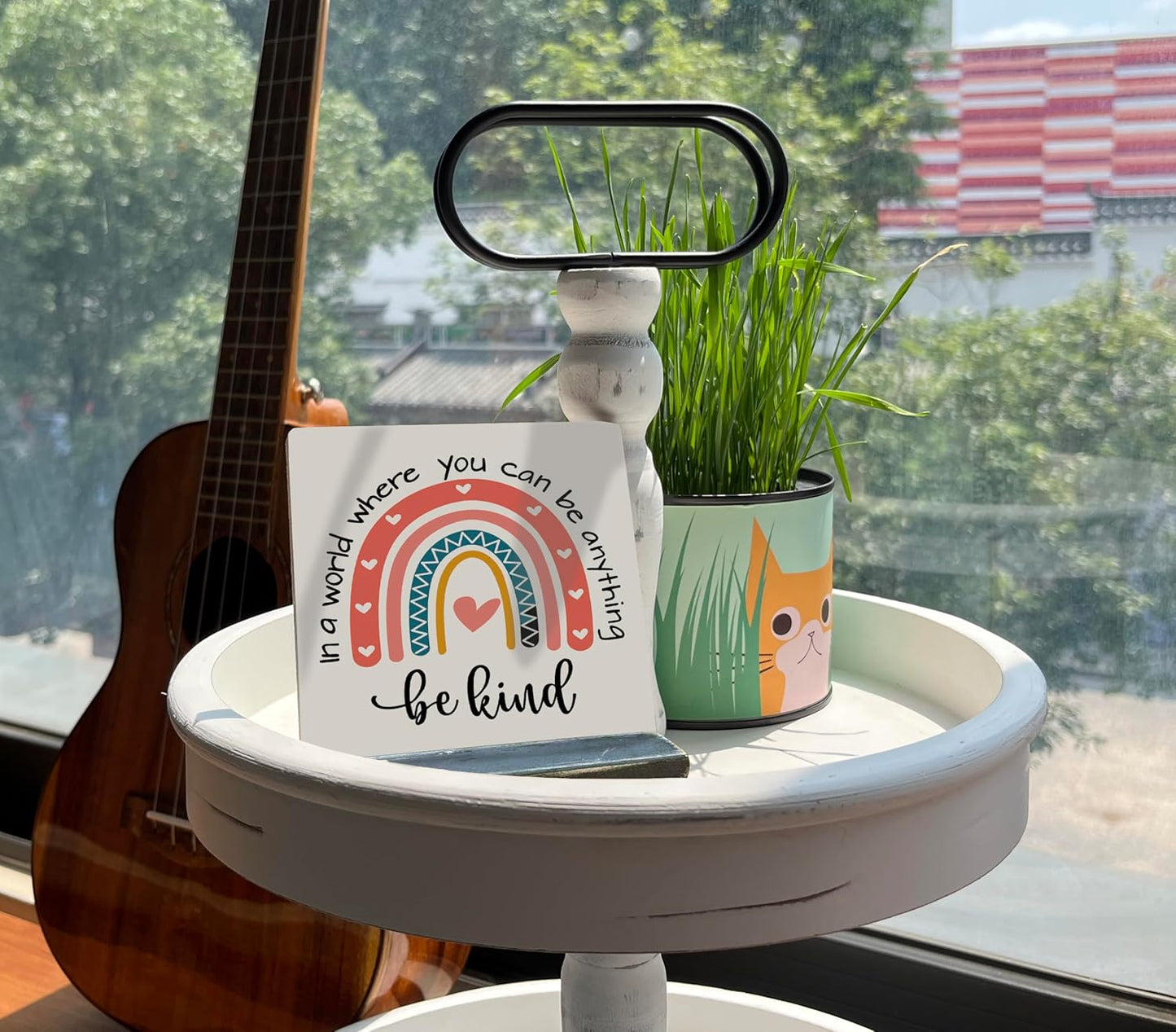 BQL Primitive Wooden Sign, 'In A World Where You Can Be Anything, Be Kind', Desk Plaque with Wooden Stand, Rainbow Decor, 4 x 4.3 inches