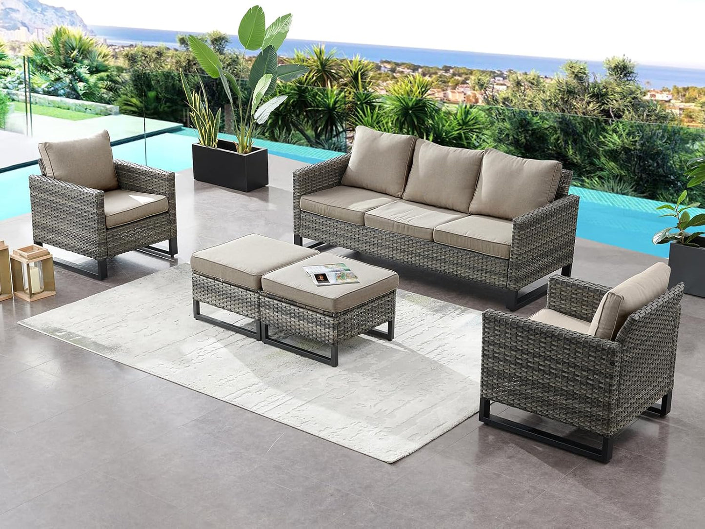HUMMUH 5 Piece Patio Furniture Set All Weather Wicker Outdoor Sectional Sofa,High Back Patio Chairs and Ottomans for Porch,Garden,Backyard