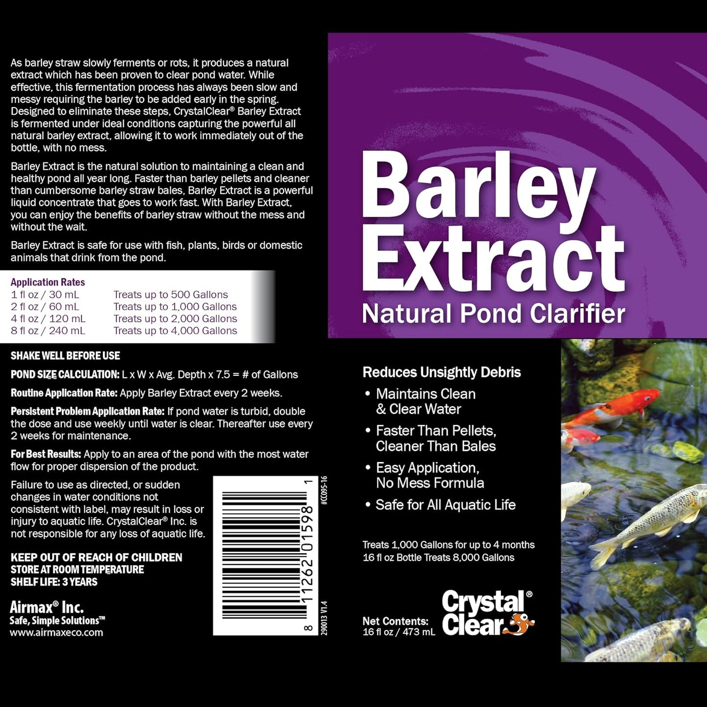 CrystalClear Barley Extract Water Garden & Fountain Clarifier, Natural Liquid Concentrate to Treat Cloudy Ponds, Koi Fish, Plant & Pet Safe, 32 Ounce