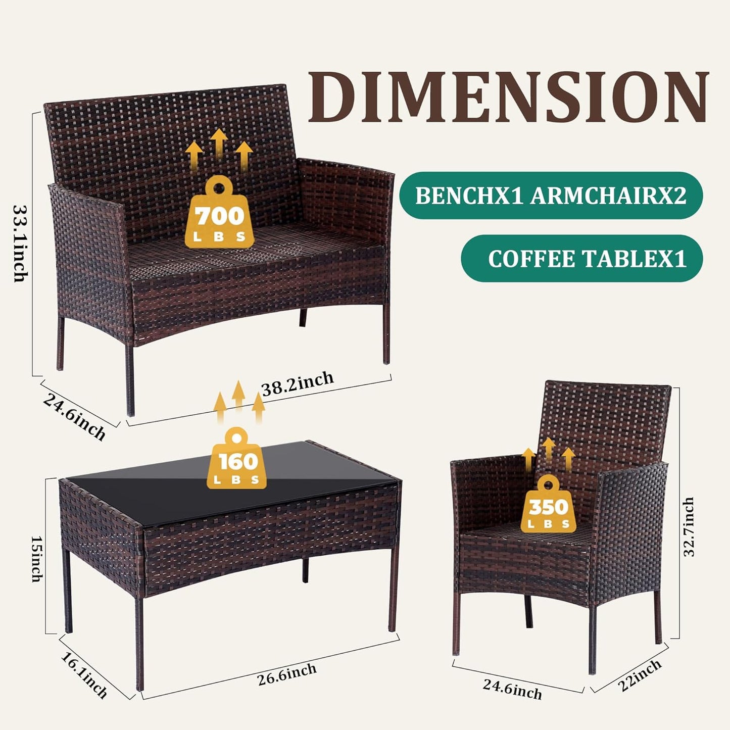 4 Piece Patio Furniture Set - Outdoor Conversation Sets with Coffee Table, Rattan Chair Set for Garden/Poolside, Brown/Beige