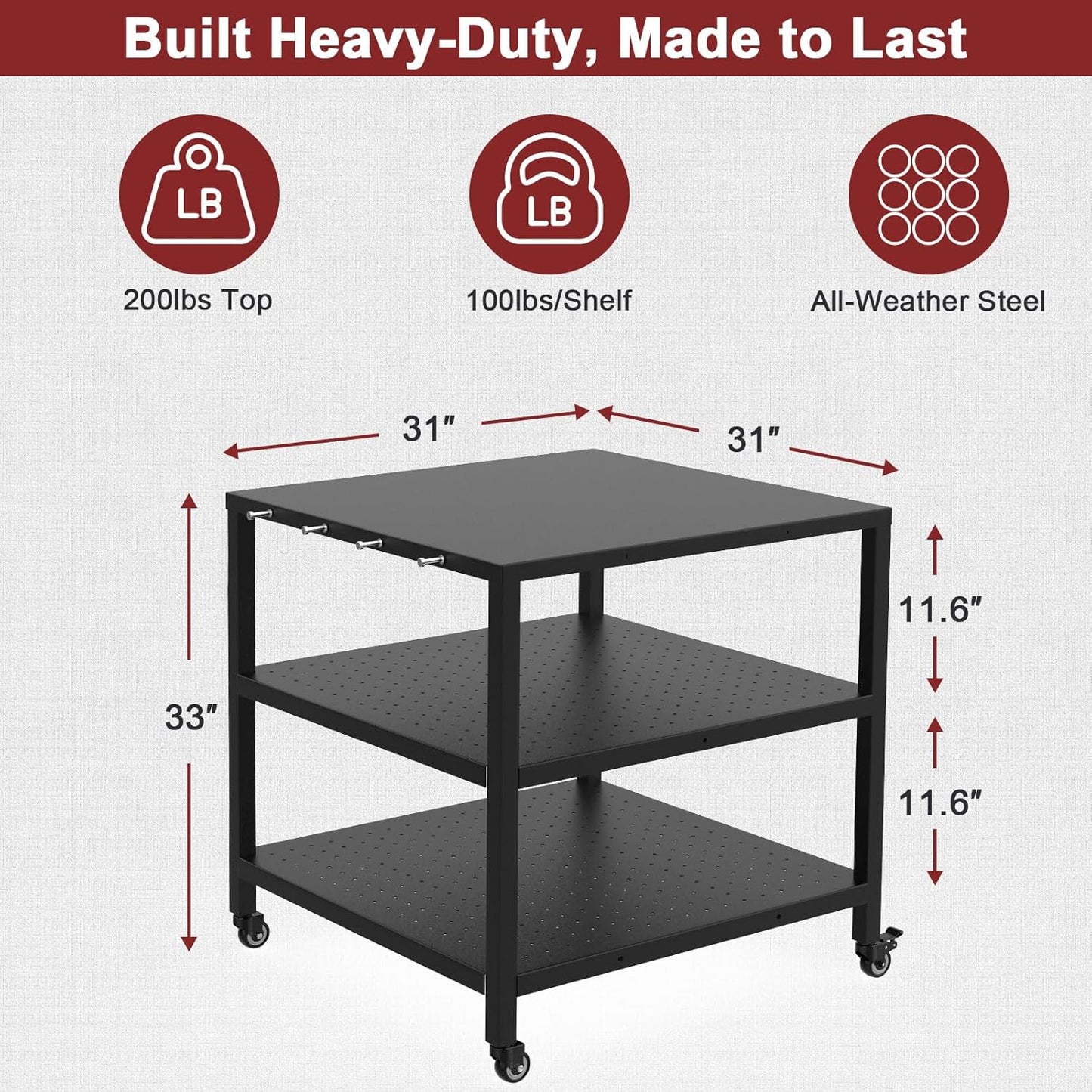 Pizza Oven Table Cart for Ooni/Ninja Woodfire/Blackstone/Cuisinart Pizza Oven Stand for Outside, Modular Table Movable Prep Cart with Pizza Topping Station for Ooni Koda Karu Fyra 16/12