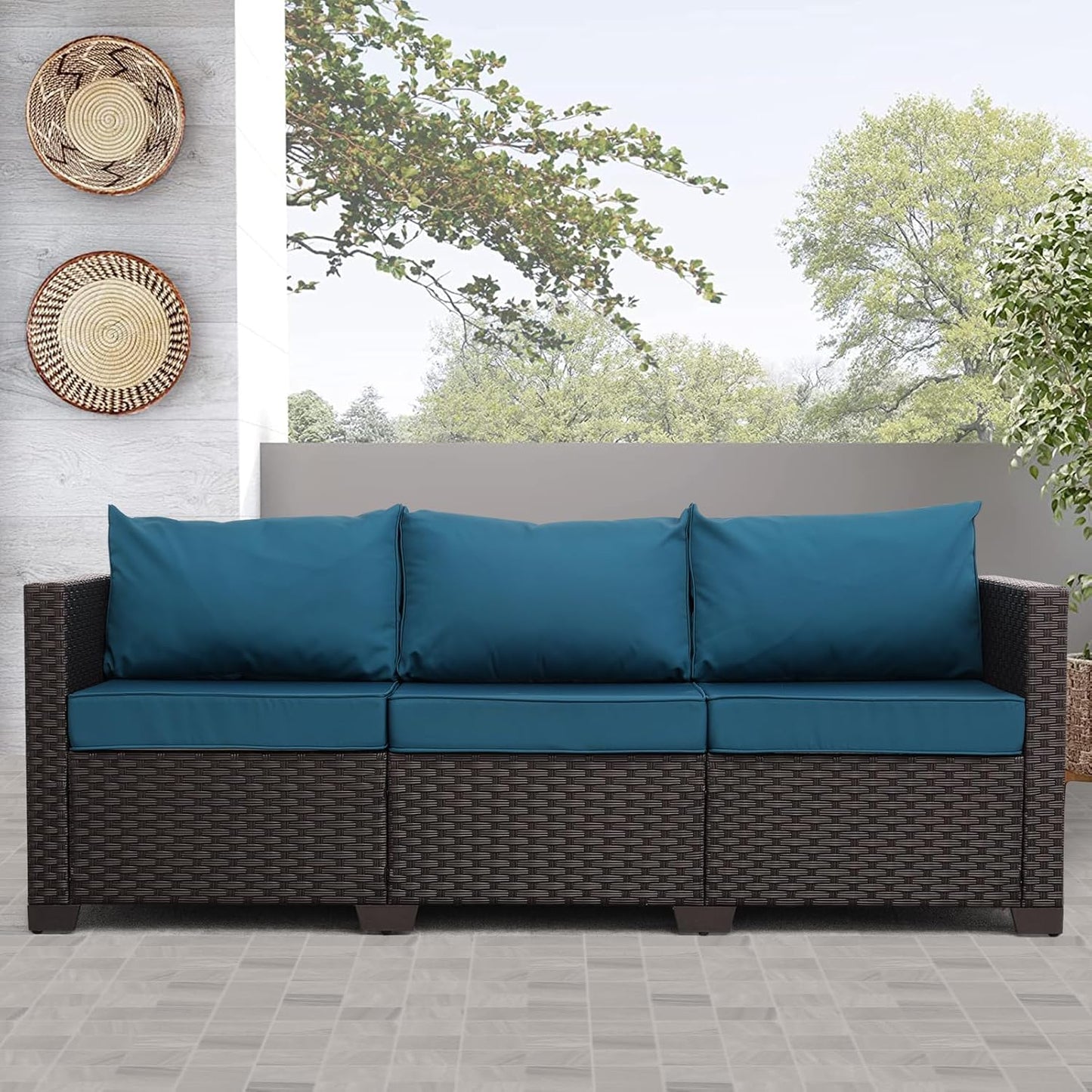 Outdoor Furniture Wicker Outdoor Couch Patio Furniture 3-seat Sofa Deep Seat Hight Backrest Non-Slip Cushions, Peacock Blue