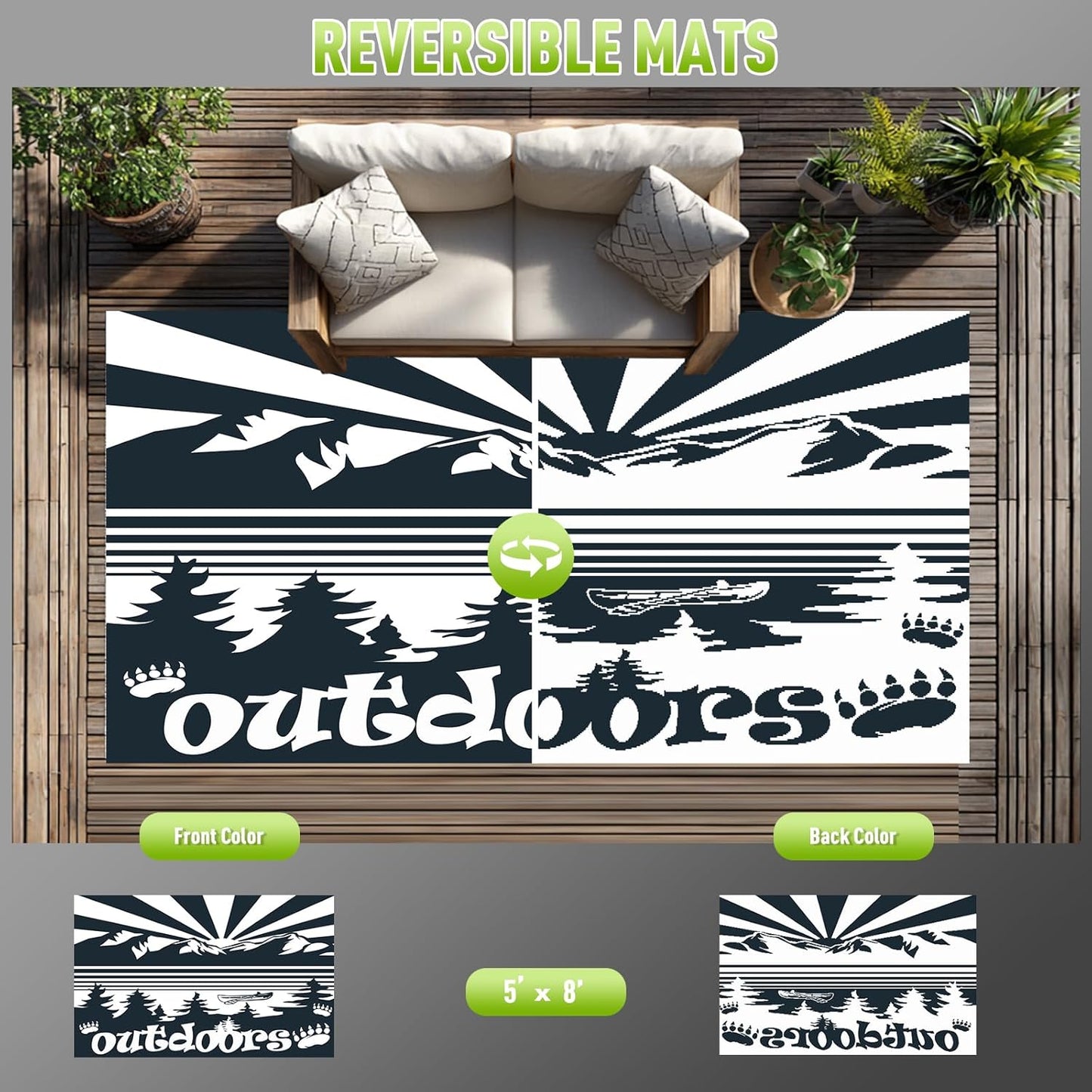 WILDROOTS 5x8 Feet Mountain & Sea Ship Plastic Outdoor Rug, Stain Resistant Waterproof Reversible Outdoor Patio Rug, Fade Resistant Camping Rug