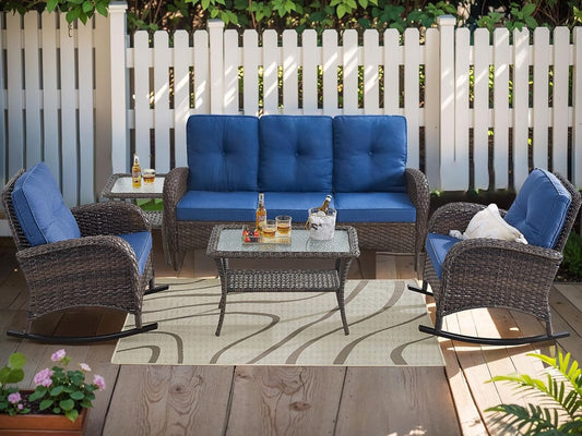 HUMMUH 5-Piece Outdoor Patio Furniture PE Wicker Patio Conversation Set,All-Weather Outdoor Rocking Chairs with Patio Couch Tables for Backyard,Poolside,Deck