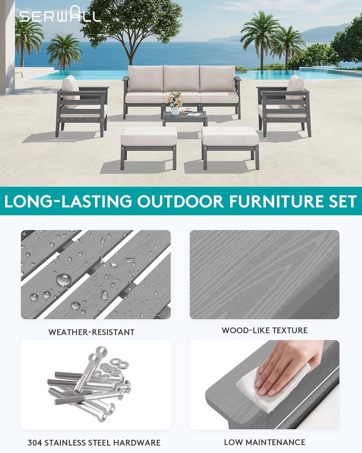 SERWALL HDPE Patio Furniture Set, 8 Pieces Composite Outdoor Furniture, All-Weather Wood-Like Outdoor Sofa Couch with Coffee Table for Deck, Lawn, Grey Frame with Khaki Cushion