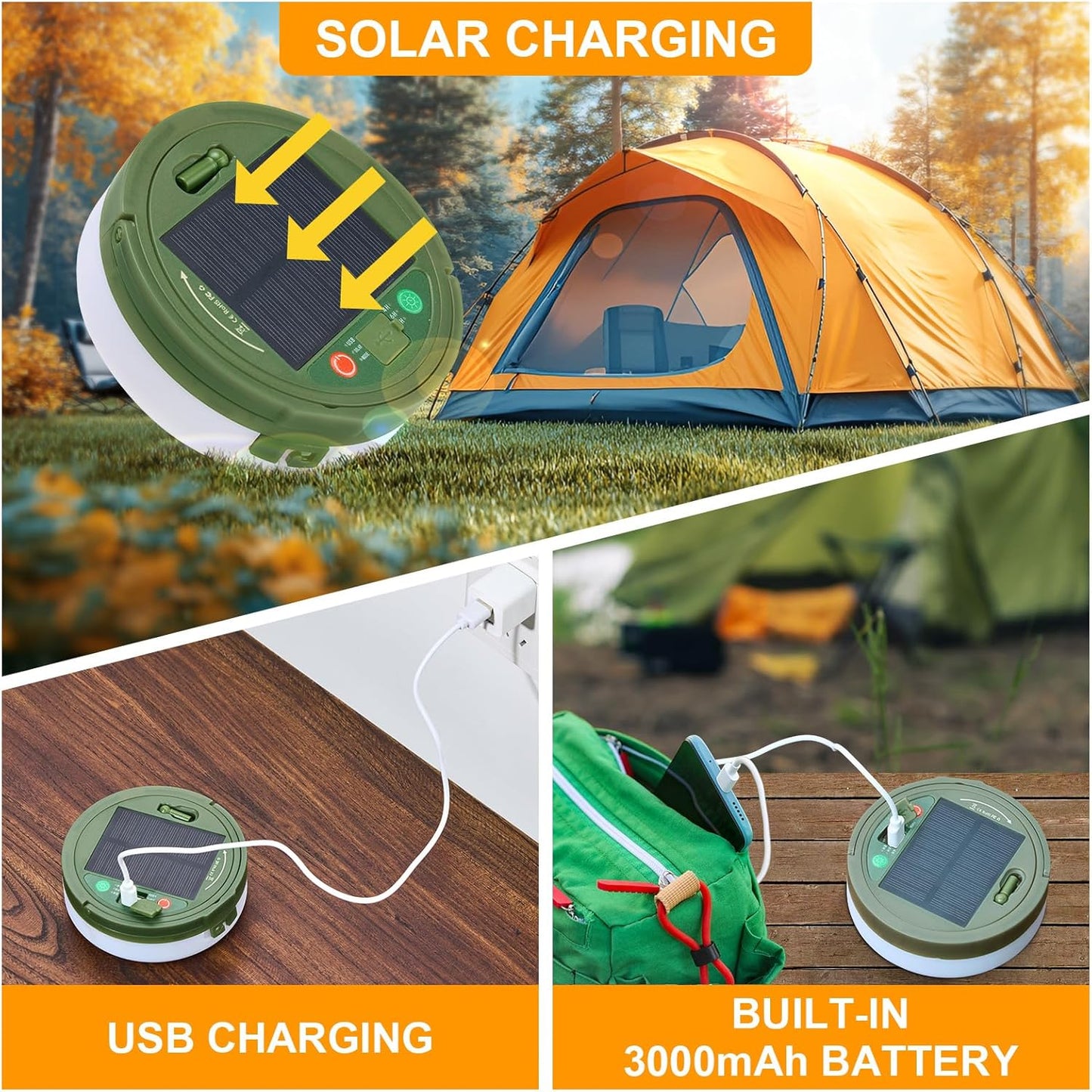 Solar Camping String Lights, 4 in 1 Quick Storage 33FT Rechargeable Tent Lights with 13 Lighting Modes, Hanging Waterproof Portable Retractable LED Lamp for Outdoor, Patio, RV, Awning, Garden, Party