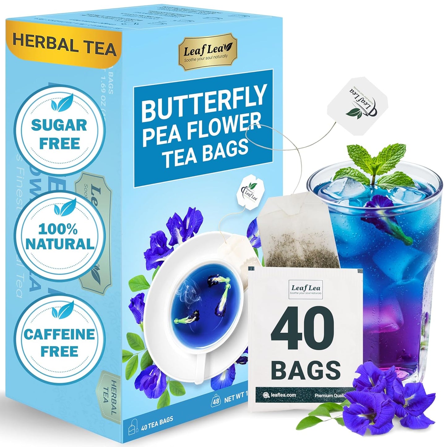 LeafLea 40 Butterfly Pea Flower Tea Bags, Herbal Flower Tea for Relaxation, Mocktails, and Natural Food Coloring, Caffeine-Free, Sugar-Free, Non-GMO