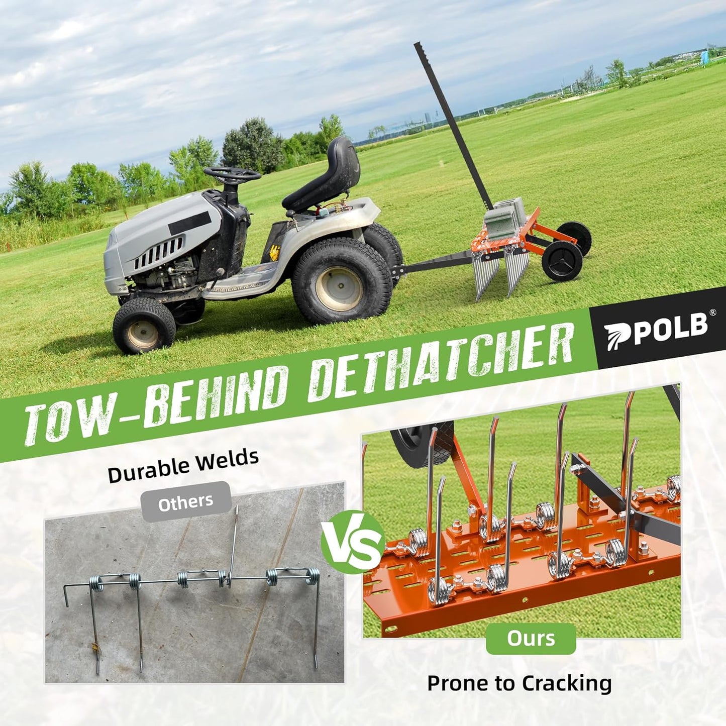 48" Tow-Behind Dethatcher with 24 Spring Steel Tines, Pull Behind Lawn Tractor Mower Grass Rake for Yard, Garden, and Farm Care – Removes Thatch, Leaves, and Pine Needles-Orange