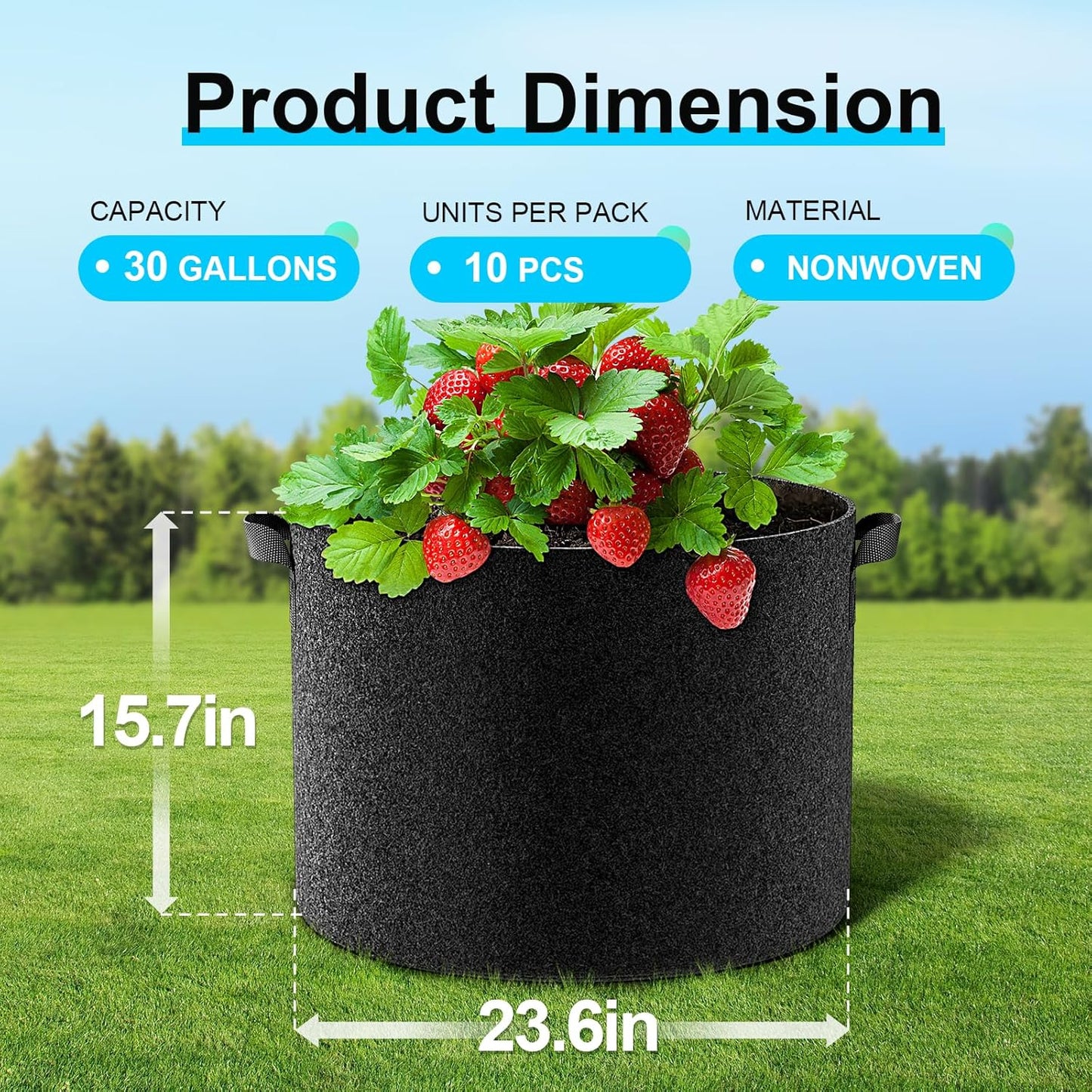 Land Guard 10-Pack Fabric Grow Bags 30 Gallon, Thickened Nonwoven Garden Pots, Growing Bags with Handles, Black