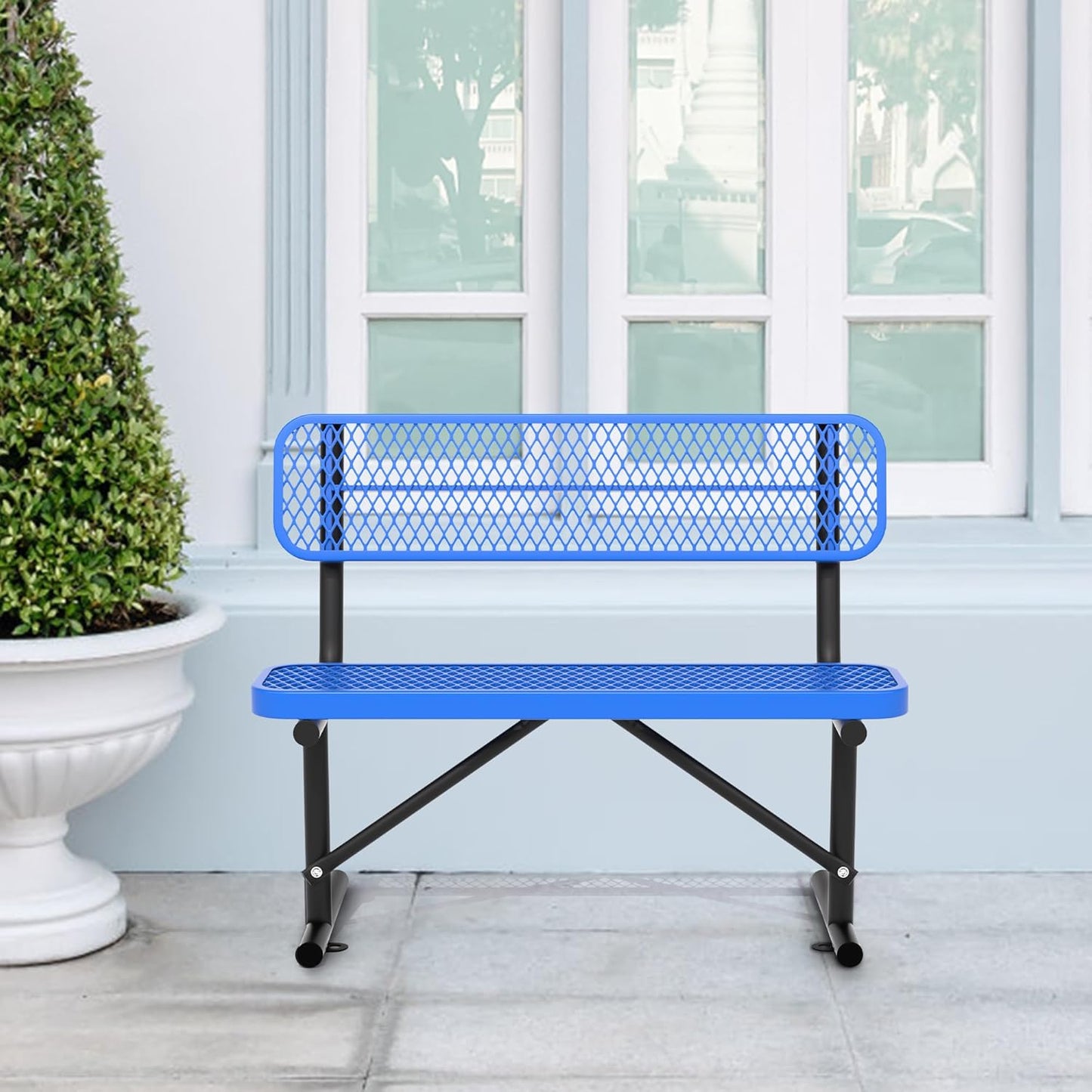 4/6/8 Feet Park Bench for Outside Heavy Duty Metal, Garden Benches Outdoor Bench with Backrest & Portable Frame, for Shopping Malls Stores Parks Patios Decks, Blue