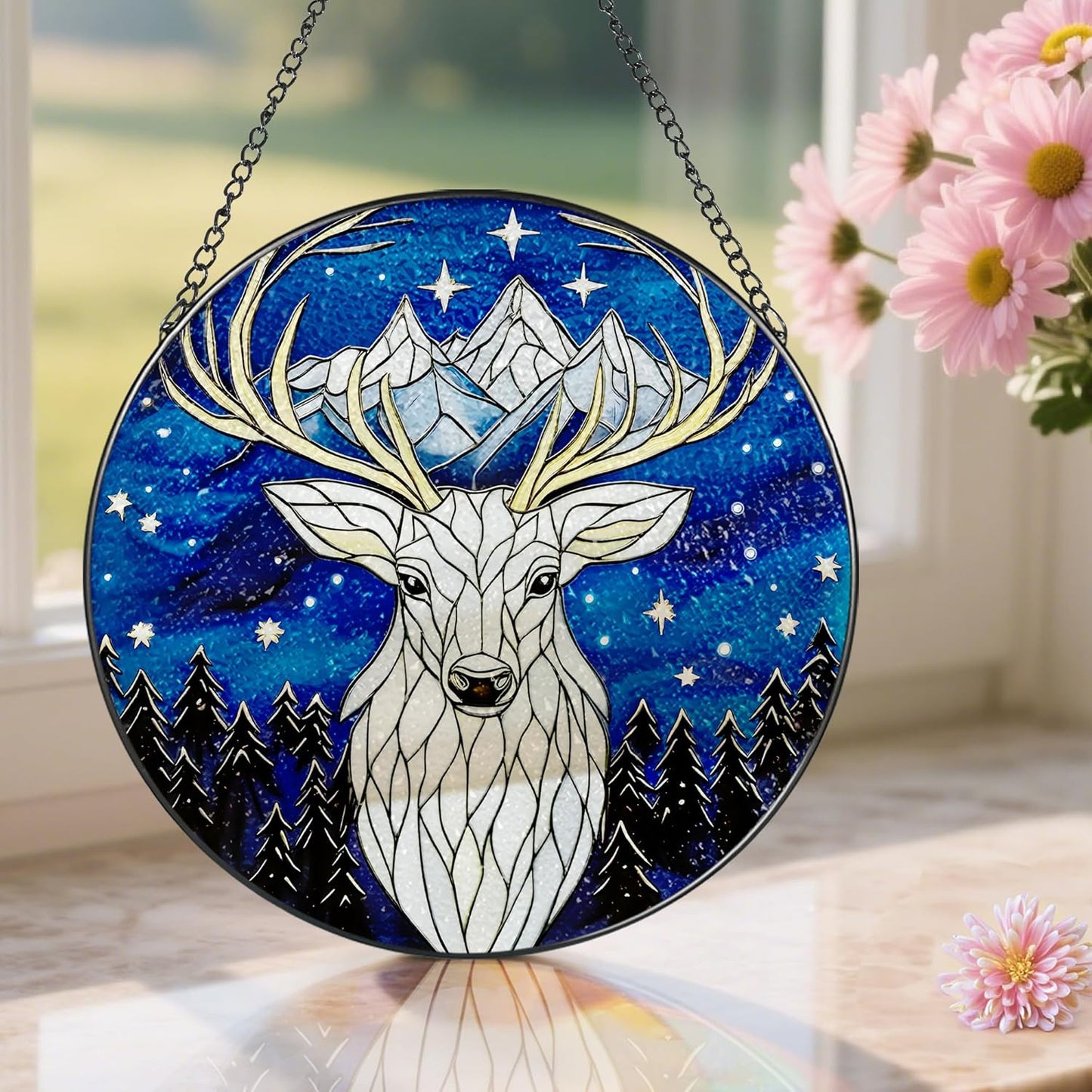 Stained Glass Window Hanging, Pauyadu 8 Inch Night Court Stained Glass Suncatcher, Sun Catchers Indoor Window, Home Decor for Windows, Nature Lover Gifts, Gifts for Women, Mom, Friend, Lover