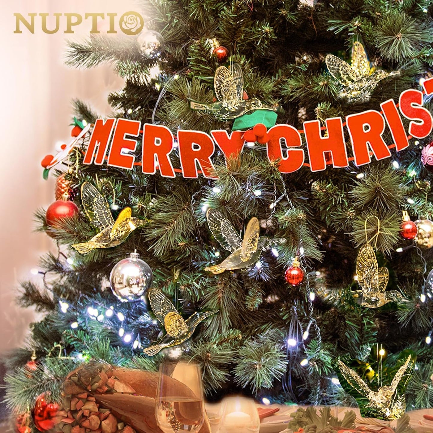 NUPTIO Crystal Ceiling Hanging Ornaments: 50 Pcs Acrylic Flying Birds for Wedding Party Window Garden Bedroom Outdoor Birthday - Christmas Tree Decorations with Transparent Line