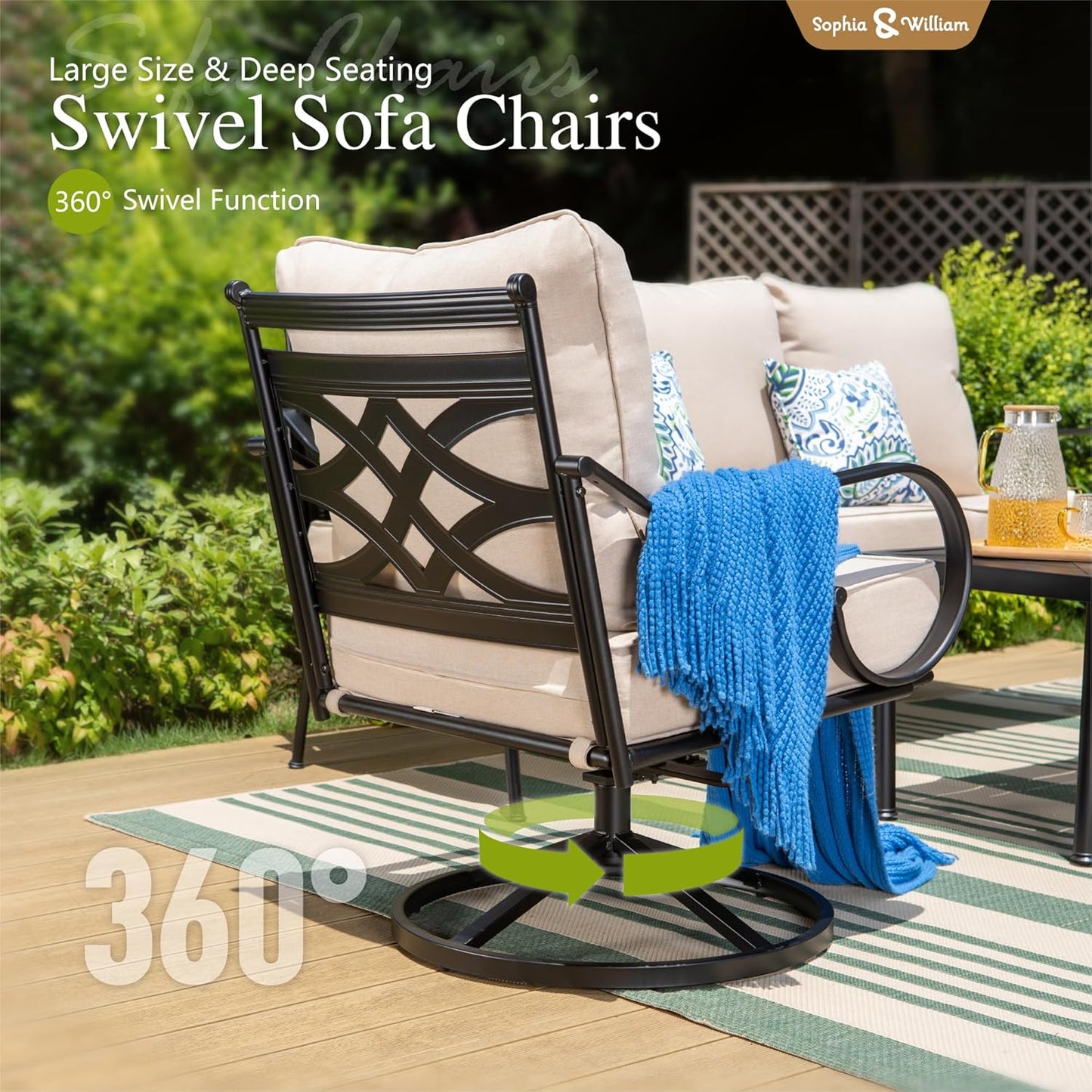 Sophia & William 5 Piece Patio Furniture Set, Outdoor Conversation Sets 7 Seat with 3-seat Sofa x 1, Loveseat x 1, Swivel Chair x 2, Metal Coffee Table x 1 for Porch Lawn, Beige