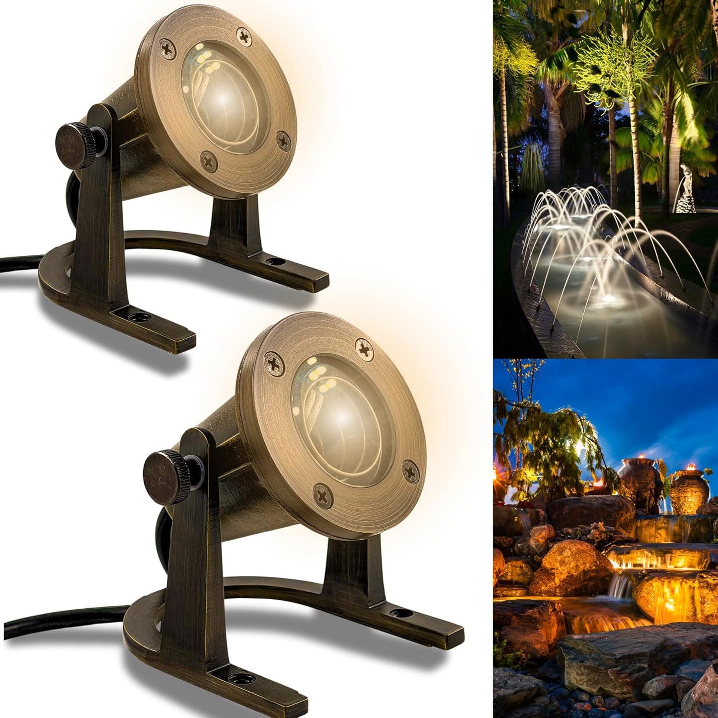 Waterproof Brass Underwater Light Fixture for Patio, Pond, Fountain, Waterfall - 2 Pack