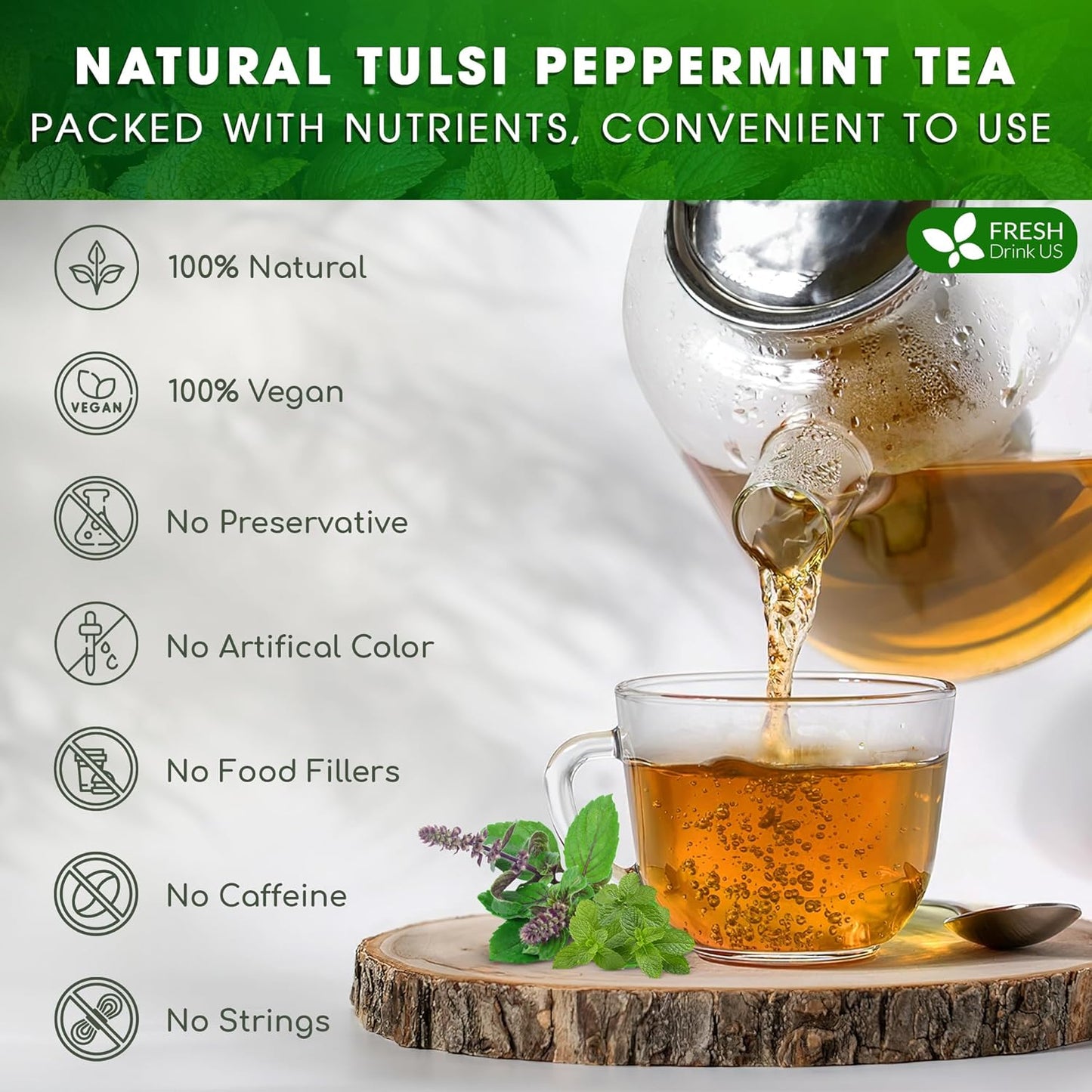 FreshDrinkUS, Premium Tulsi Peppermint Herbal Tea – 75 Tea Bags, 100% Natural, Blend of Tulsi Holy Basil Leaves, and Peppermint Leaves. Made with Natural Material Tea Bags. No Sugar, Vegan.