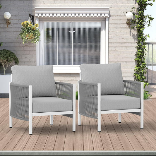 Aluminum Outdoor Sofa Armchair, HDPE Rope Patio Couch with Washable Thick Cushion, All-Weather Outdoor Patio Chairs Set of 2 for Balcony, Yard, White Frame, White