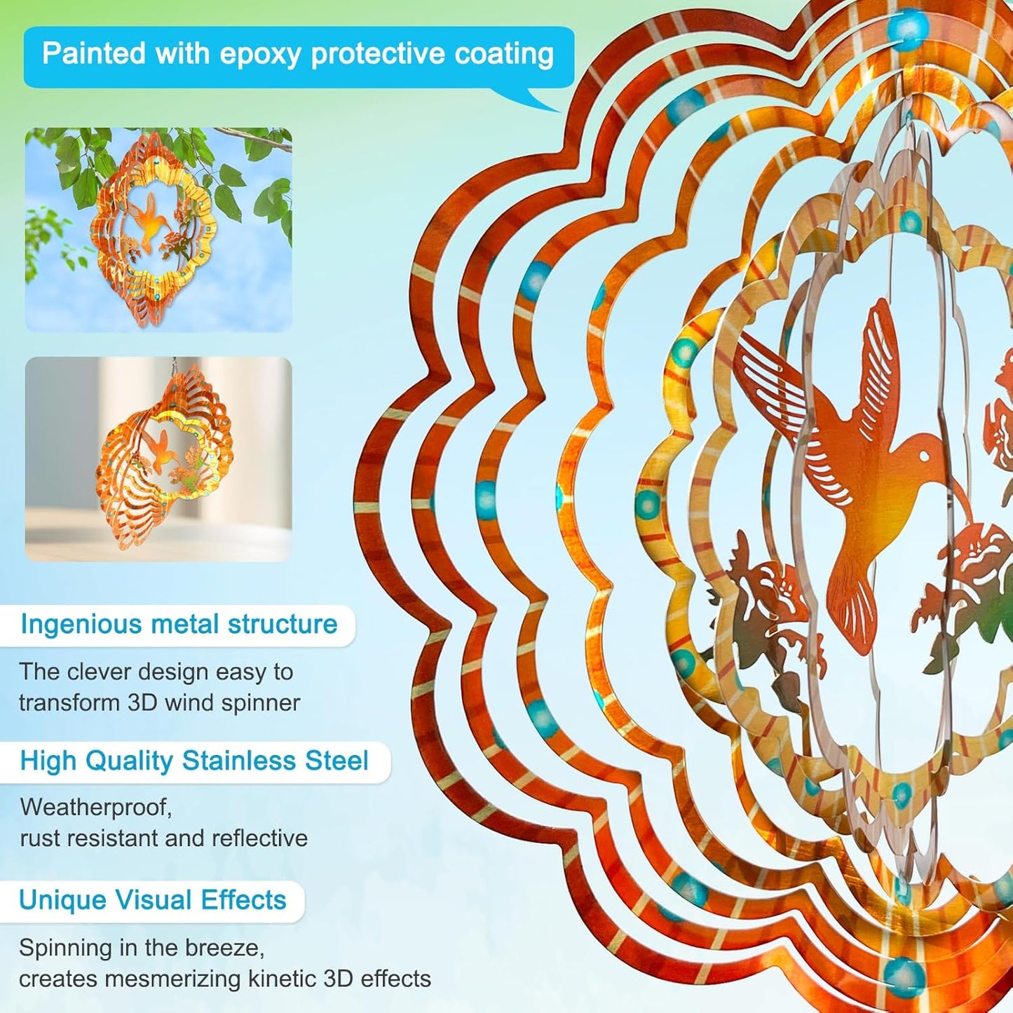 Goolyrusim Hummingbird Wind Spinner, Hummingbird Gifts for Women Mem, Humming Bird Wind Spinners Outdoor, 3D Hanging Wind Sculptures, Metal Art Yard Decoration, Garden Decor, Unique Housewarming Gift