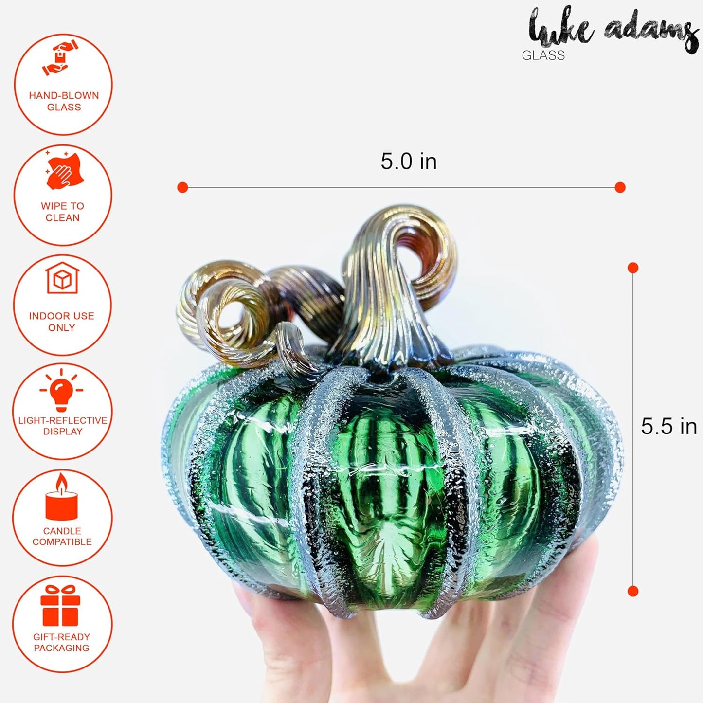 Luke Adams Glass | Handmade Glass Pumpkins | Handmade Table Top Home Decor (Squat, Green Tinsel)