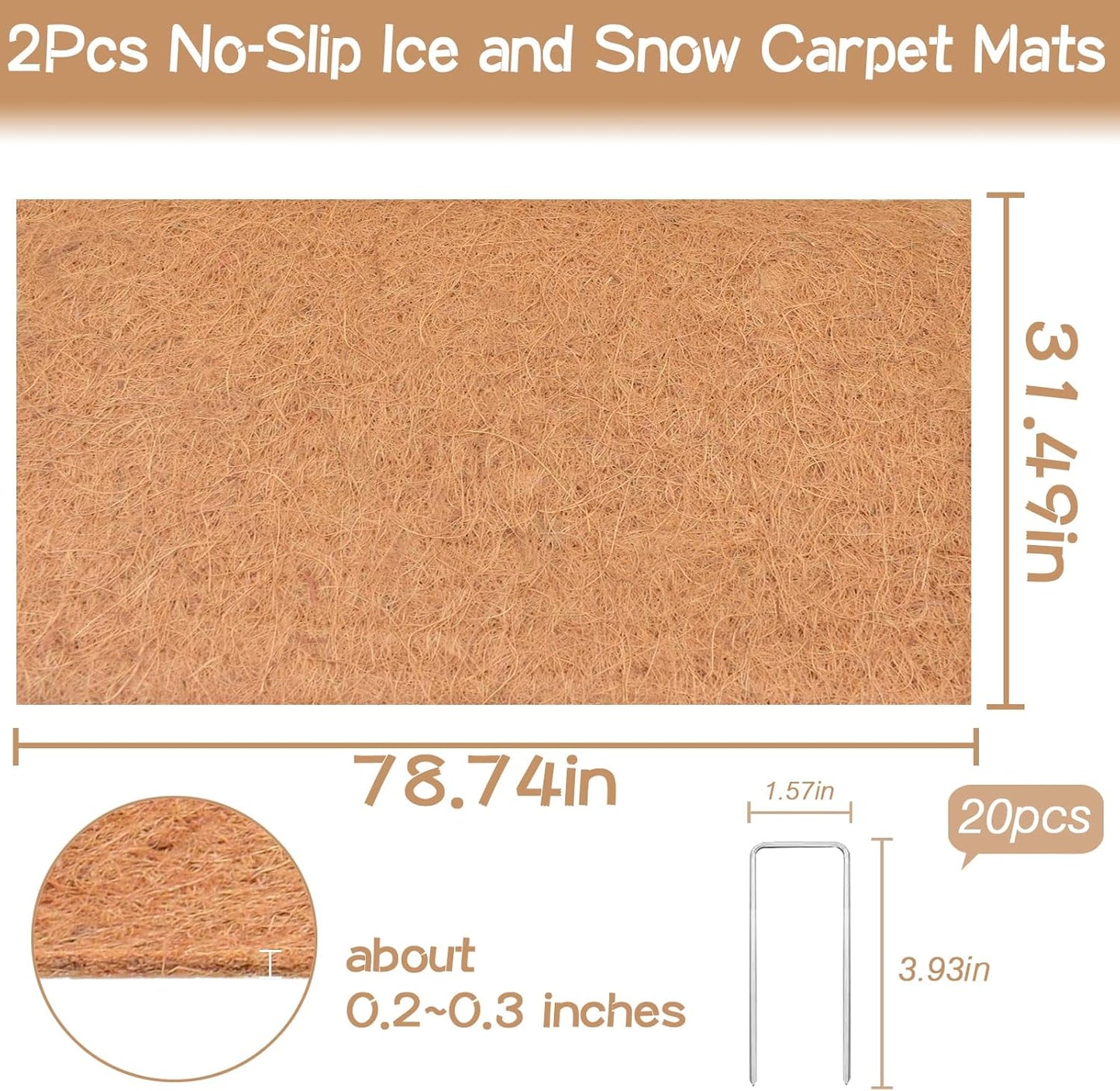 ZeeDix 2 Pack 31 x 80 x 0.28inches Thickened No-Slip Ice and Snow Carpet Mats- Natural Coconut Fiber Carpet for Garden, Front Door, Stairs, Porch Outdoor Safer Walking