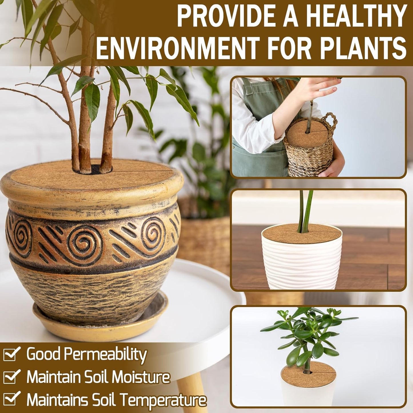 ZeeDix 12 Pack 12 Inch Coconut Fiber Mulch Ring, 100% Natural Coco Coir Tree Ring Mulch Mat Plant Protector Mat, Coconut Coir Discs Plant Pot Soil Cover for Indoor Outdoor Plants, Garden Decoration