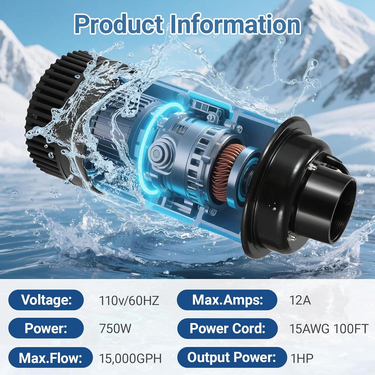 Floating Pond Fountain Aerator, 15AWG 100FT Power Cord, 1HP 15000 GPH Stainless Steel Large Pump Lake Water Fountains with Timer - 110V 750W