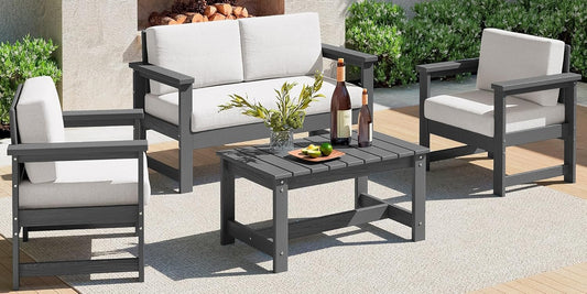 SERWALL 4 Pieces HDPE Outdoor Sofa Set with Cushions, All Weather Use Loveseat Furniture Sofa Set, Outdoor Conversation Couch with Coffee Table for Patio, Grey Frame with Khaki Cushions