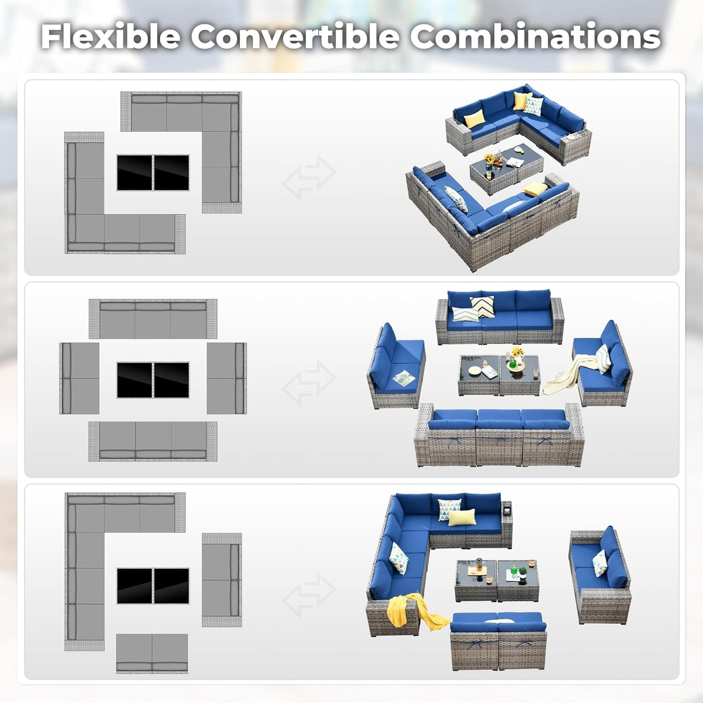 ovios 12 Pieces Patio Furniture Set, Outdoor Wicker Sectional Sofa with Glass Table Comfy Cushions, Modern Modular Deep Seat Couch Rattan Conversation Set, Navy Blue